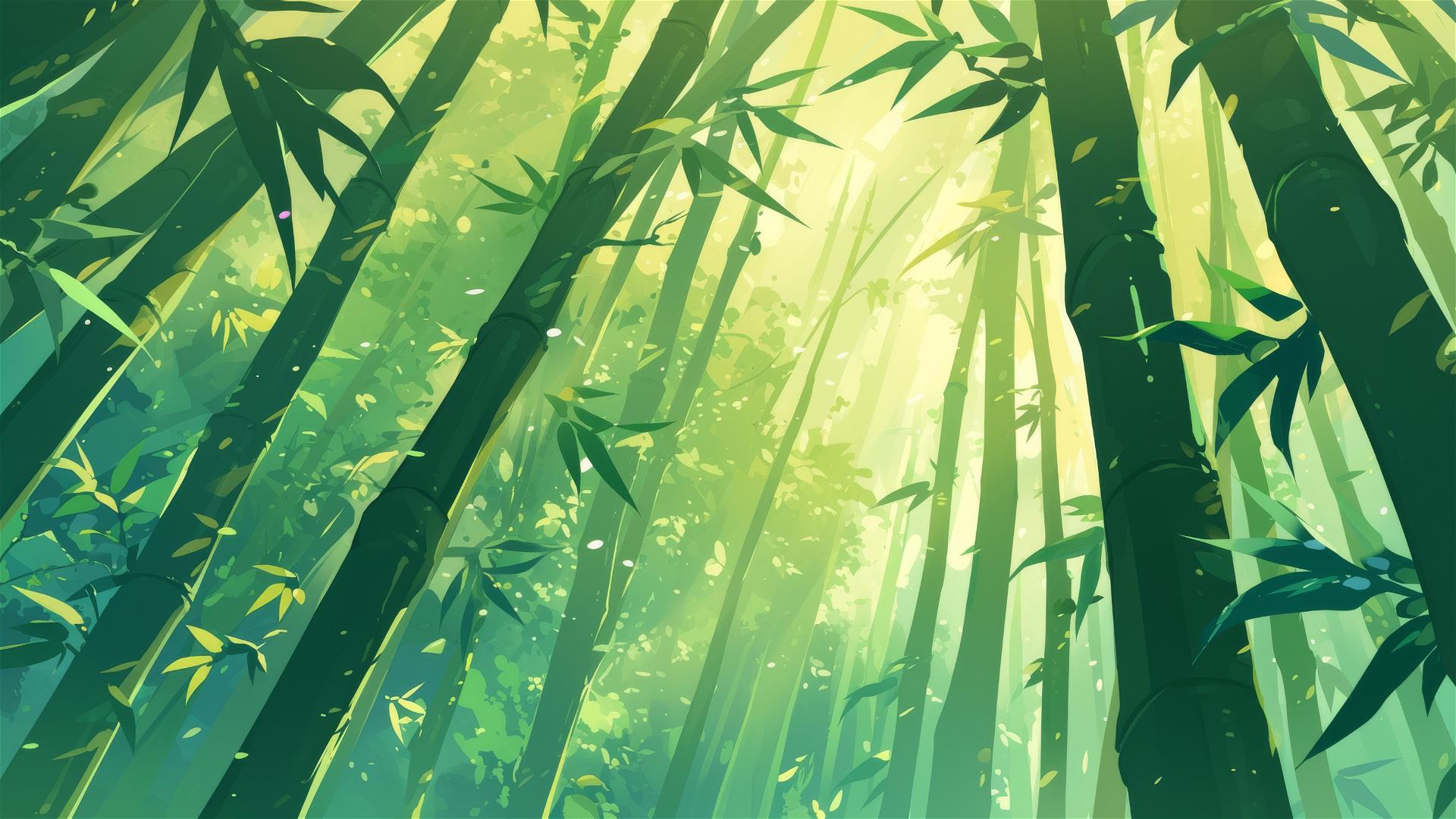 Light filters through a bamboo grove with rustling leaves in the breeze