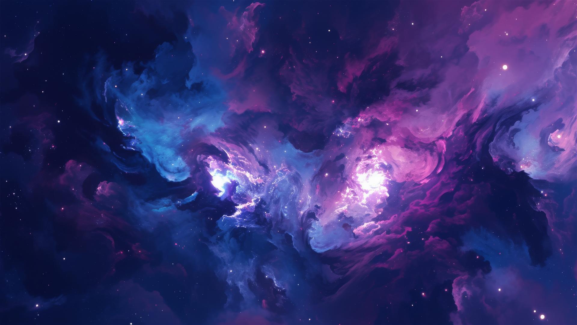 Swirling nebula in deep space with pink, blue, purple colors and twinkling stars