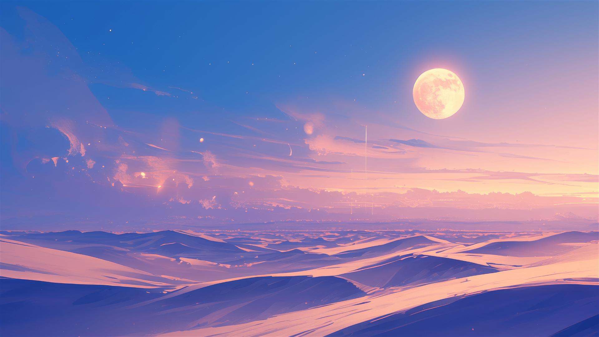 Tranquil desert scene under a dreamy moonlit pastel sky