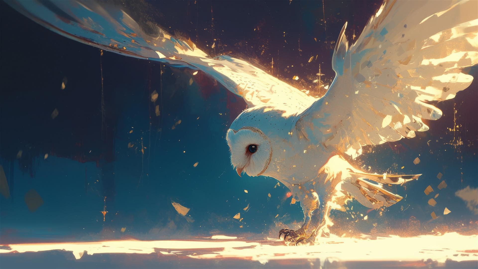 Artistic illustration of Hedwig the owl on a dark background with a spotlight effect
