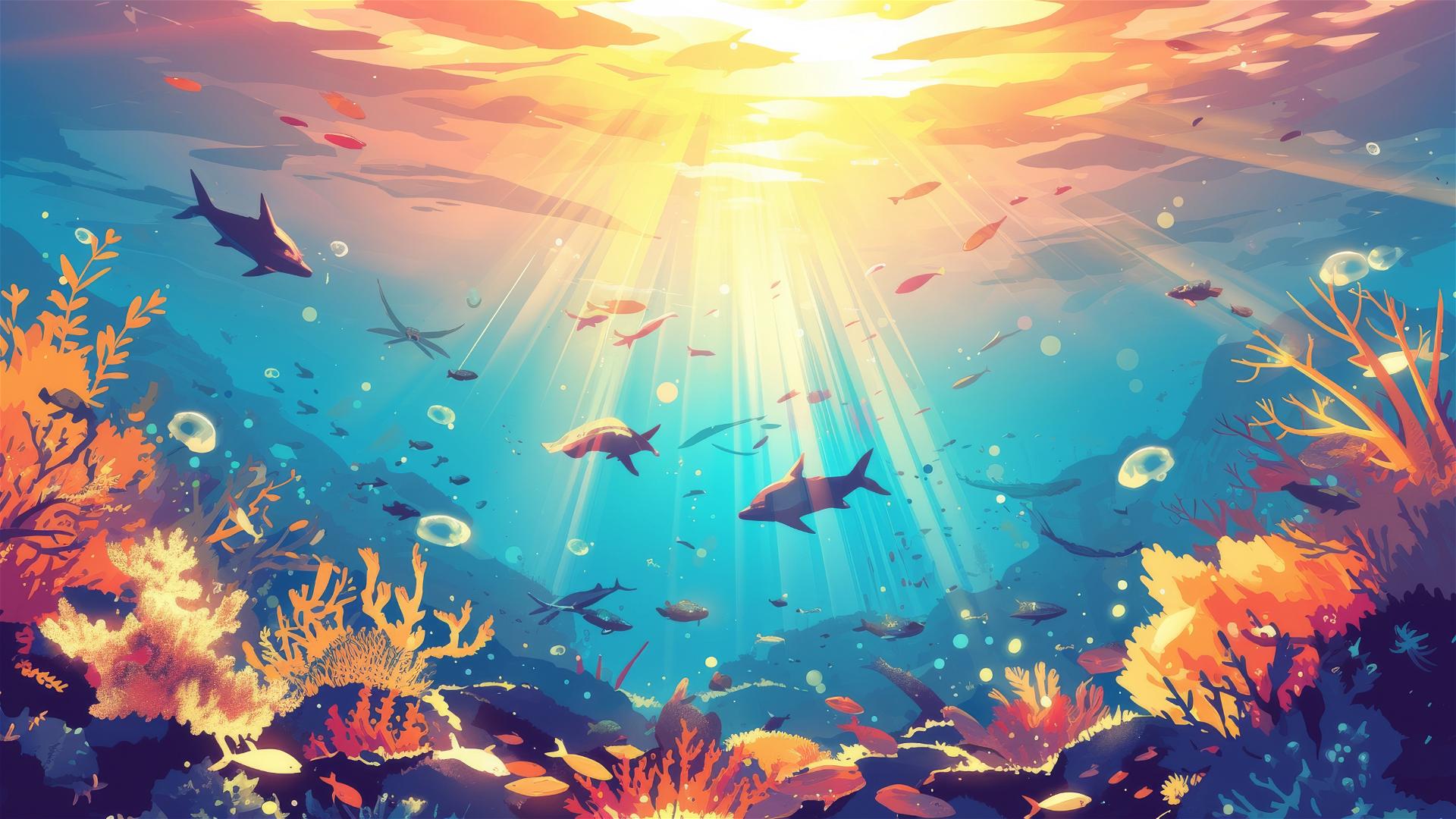 Sunset rays piercing underwater coral reef