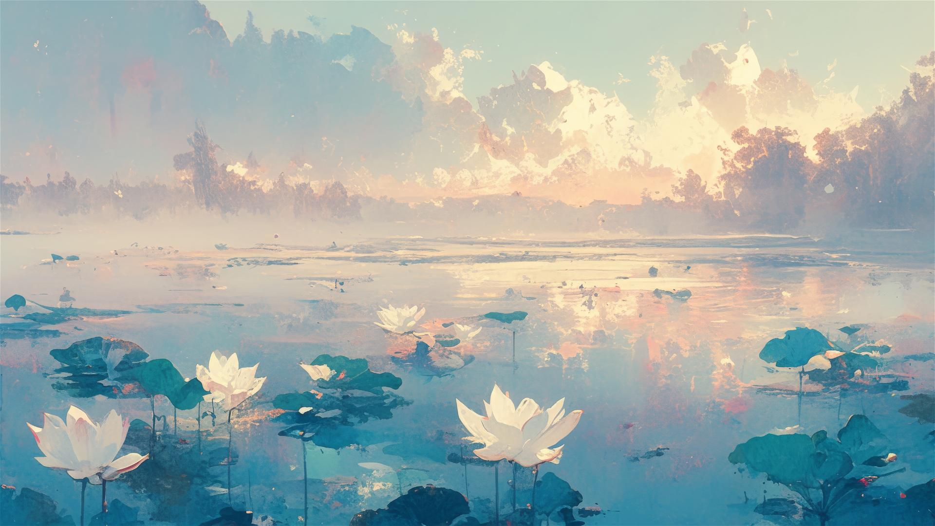 Serene lakeside with blooming lotuses and mist over calm water at dawn