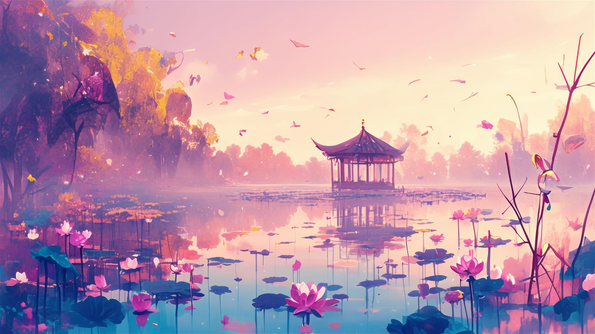 Serene dawn over a lakeside with blooming lotuses and mist on the water