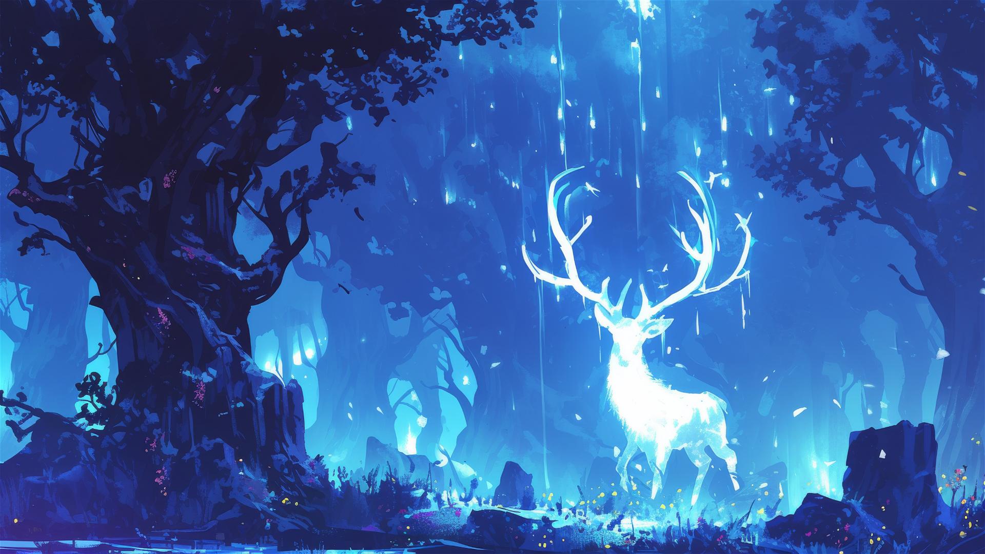 Moonlit glade, silver-blue light, ancient trees, deer with glowing antlers