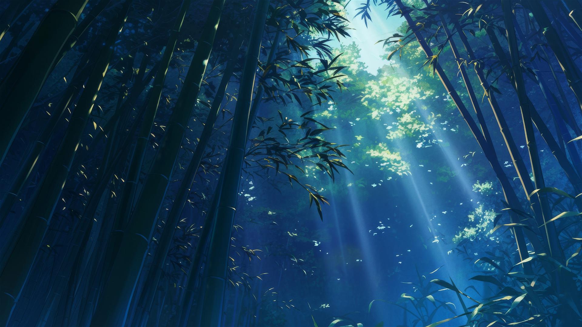 Bamboo forest at dusk with swaying stalks and serene ambiance