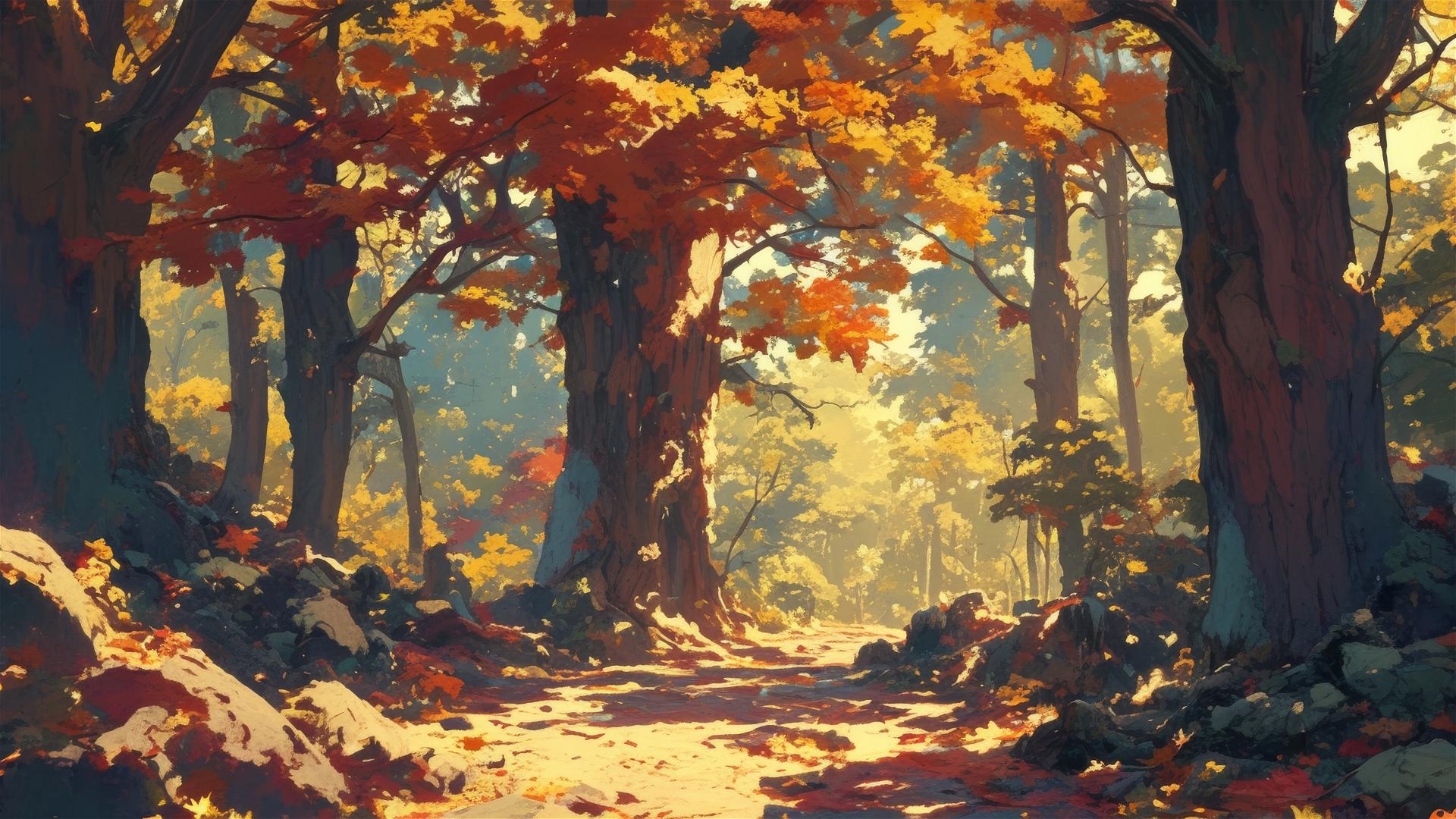 Secluded forest trail with autumn leaves and clear sky