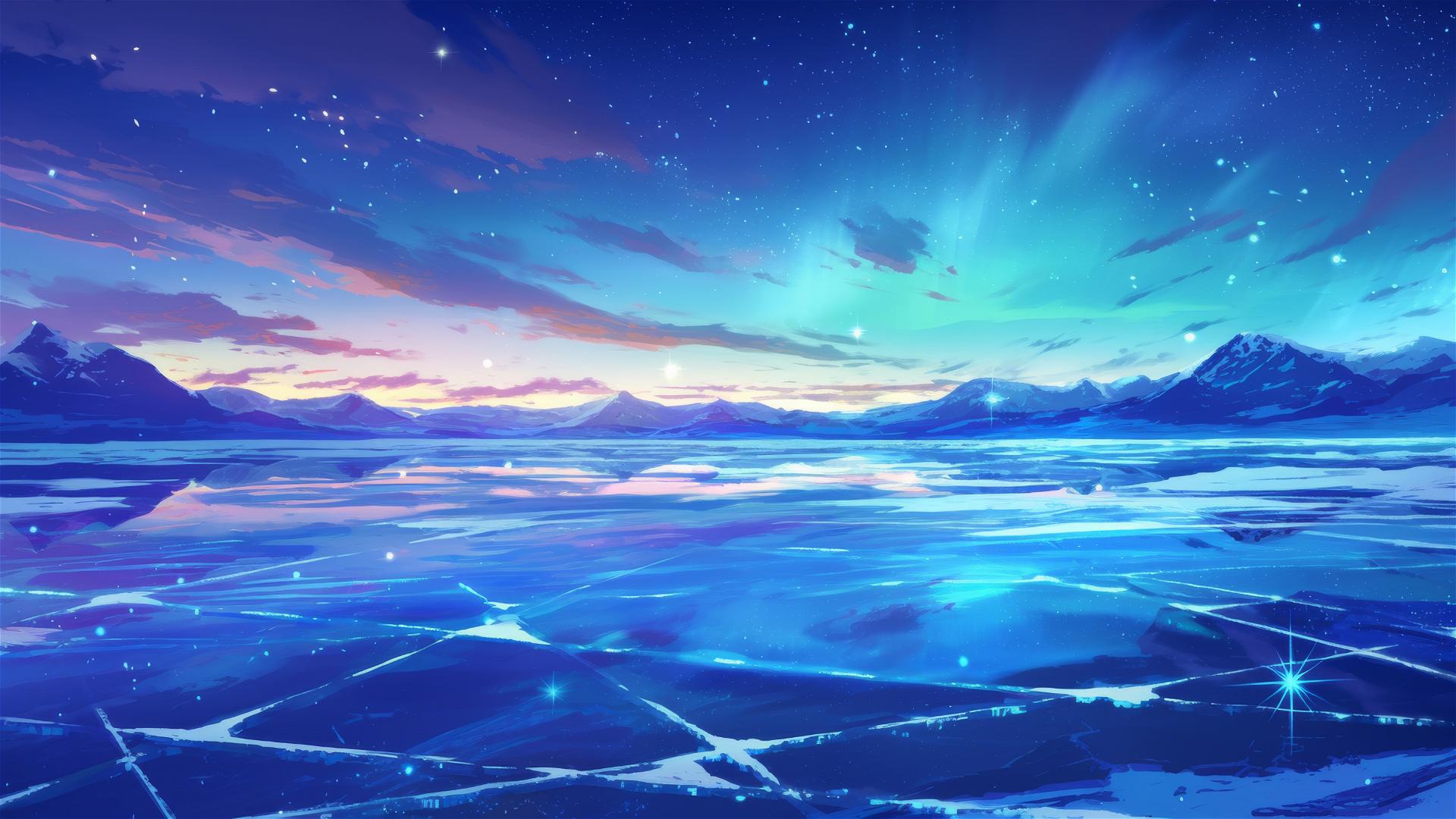Sparkling ice field under the Northern Lights