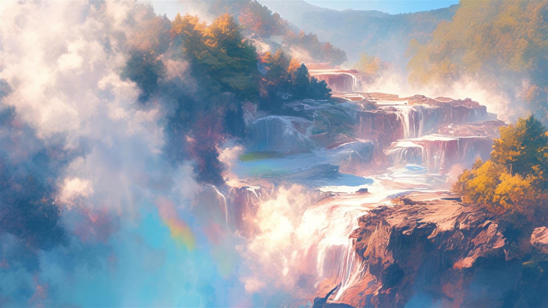Rainbow mist from hot springs meeting cold air