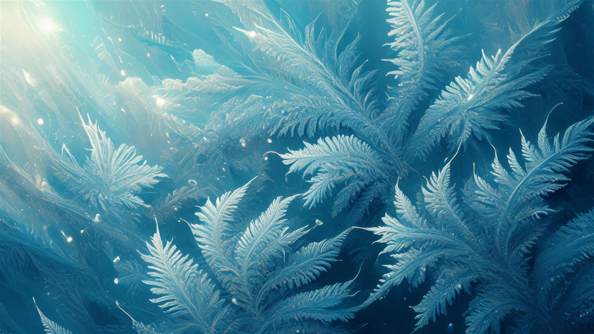Frosty fern glen with fractal-inspired frost patterns on leaves