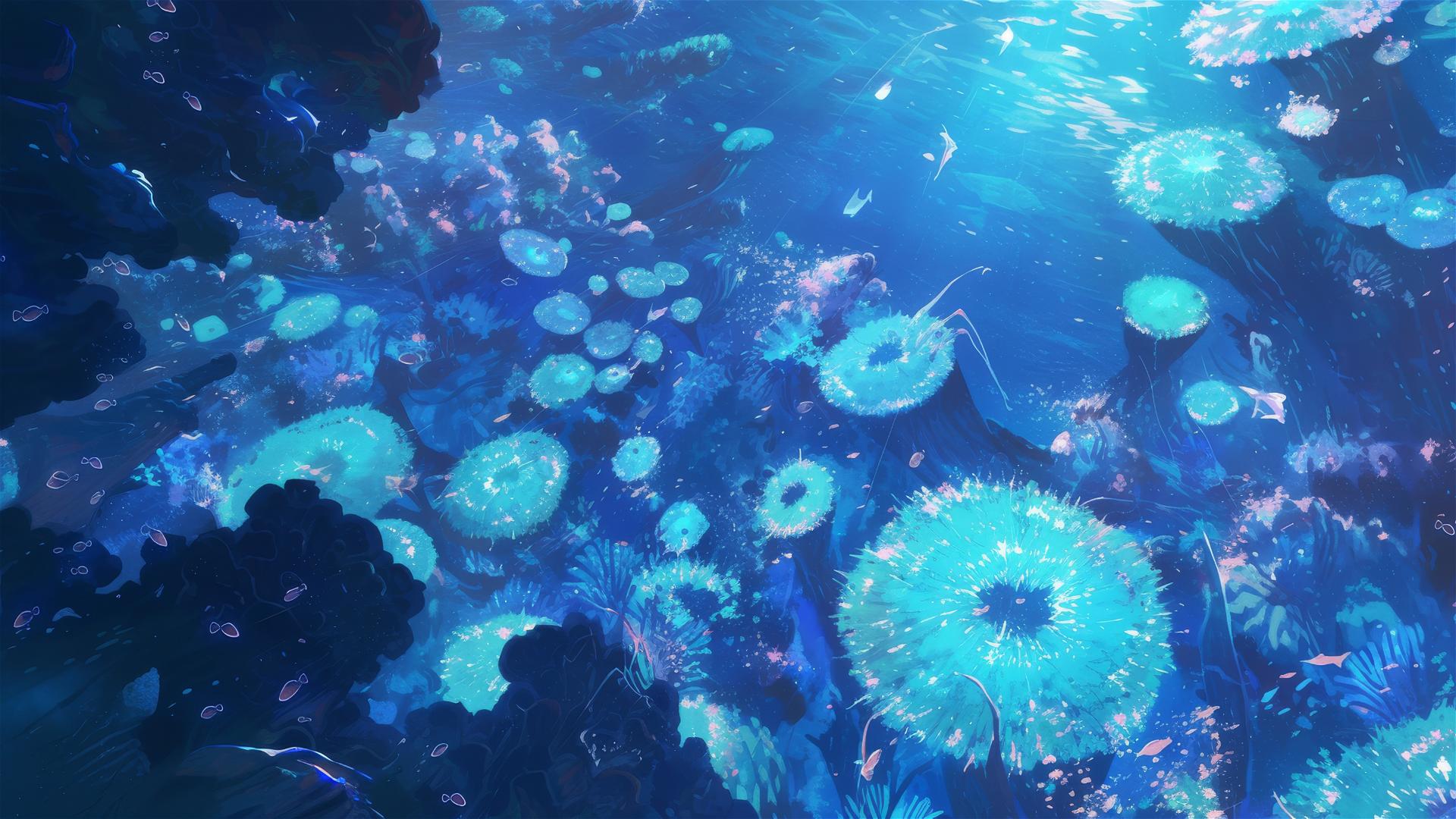 Constellation-like coral reef visible at night from above the water, marine and cosmic themed