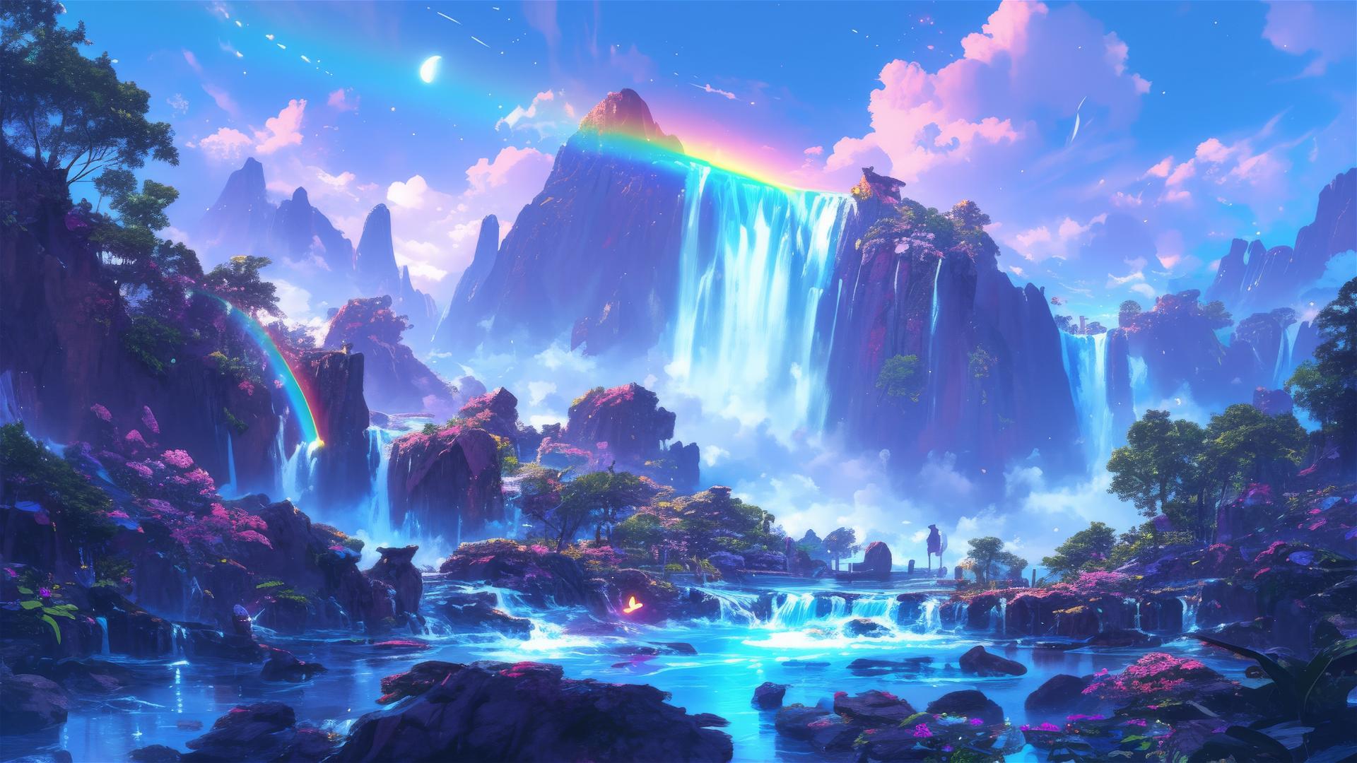 Moonbow over a waterfall with frequent lunar rainbows at night