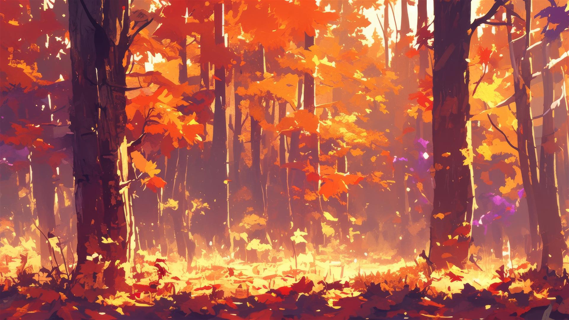 Forest with autumn leaves resembling flames