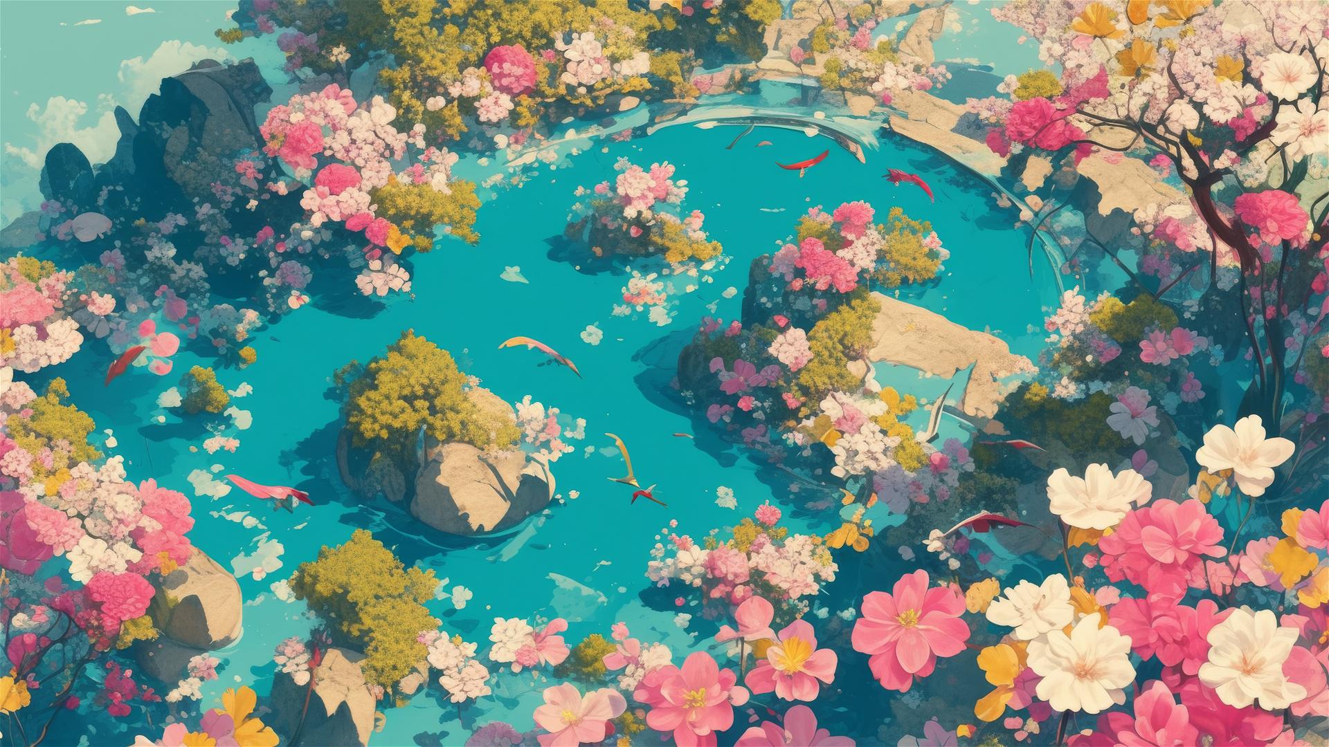 Floral archipelago with diverse flowers viewed from above
