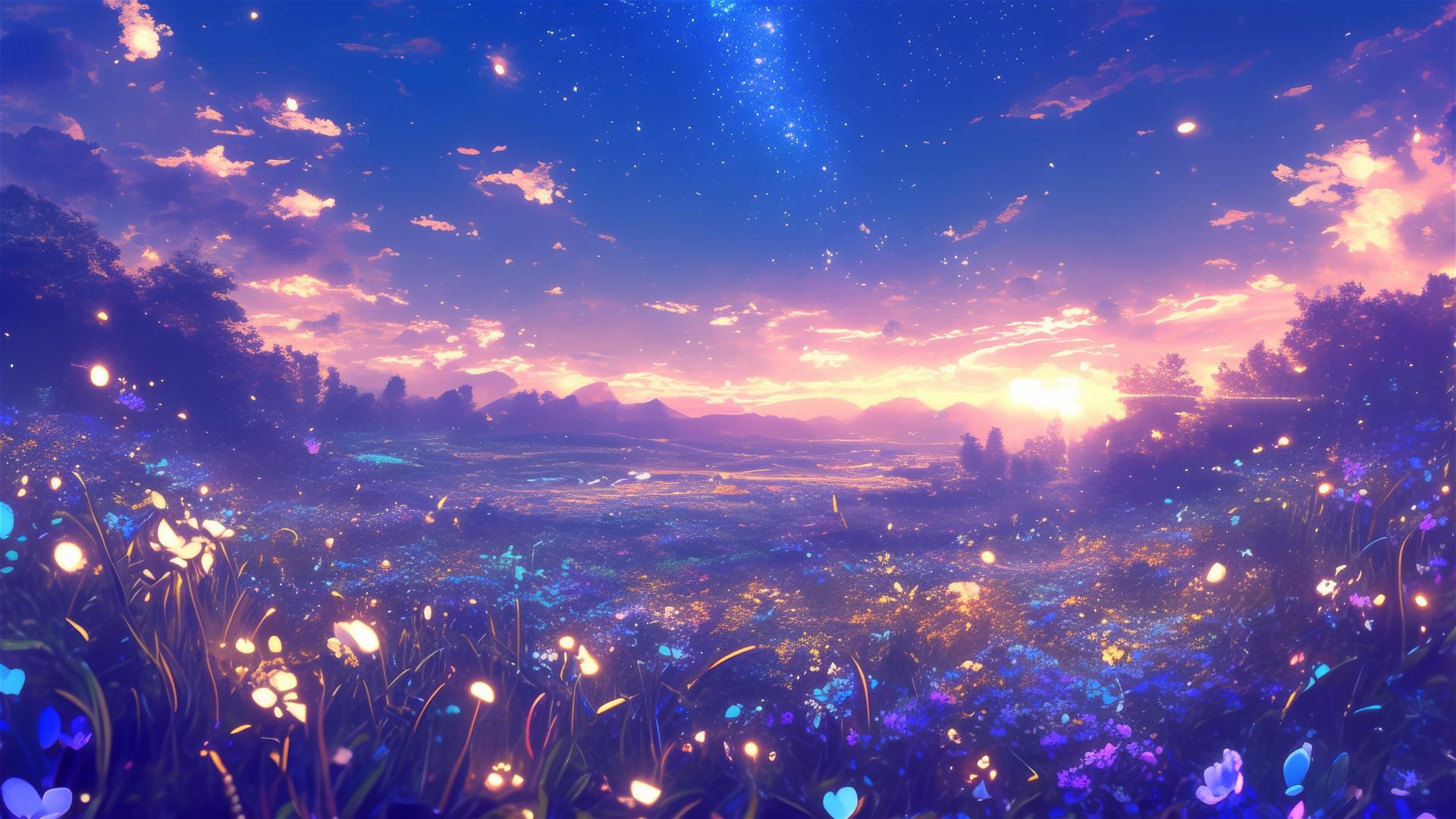 Flower constellations representing stars in a glowing night galaxy
