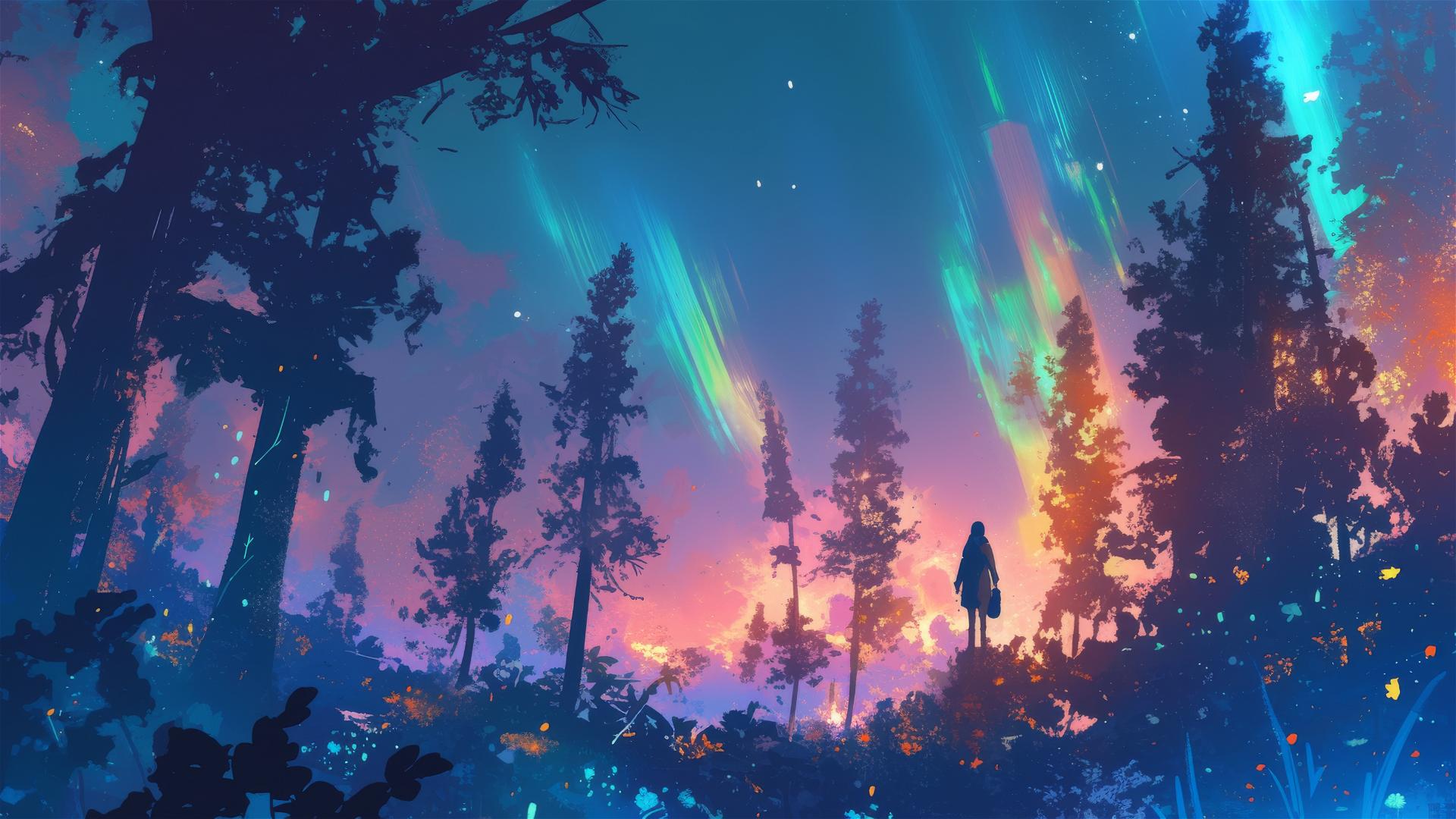 Glowing sap in aurora-colored trees in a forest