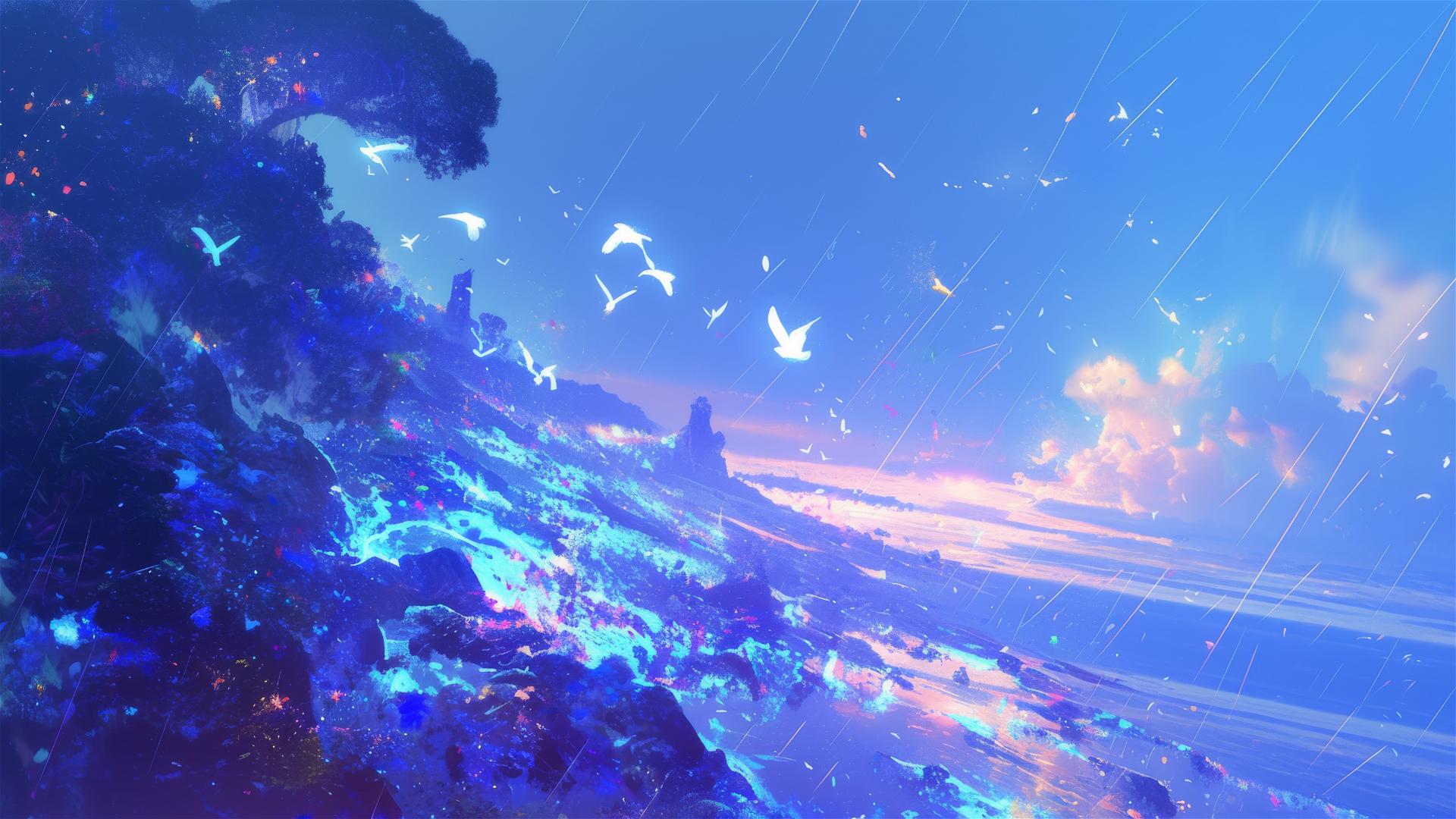 Holographic rain resembling seabirds on coastal trail