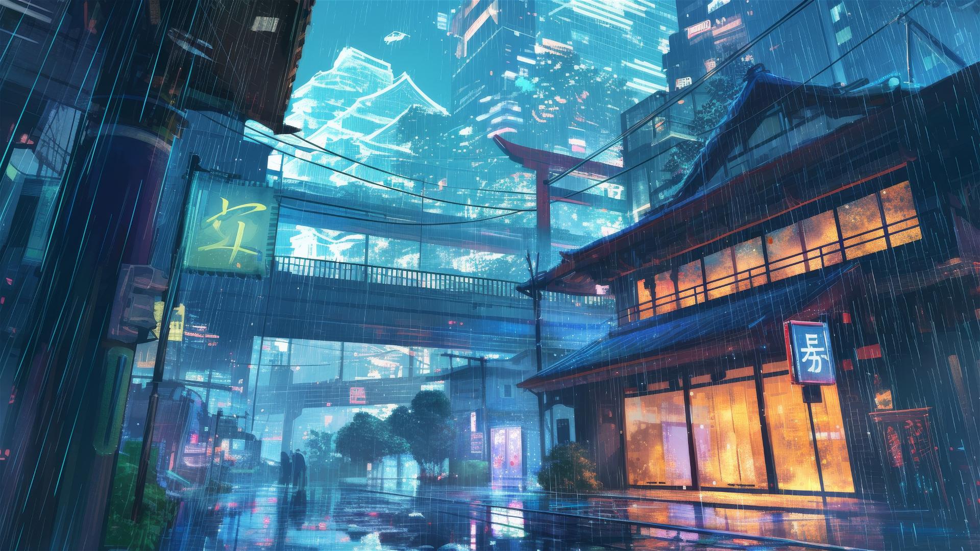 Holographic rain with wildlife holograms over a historical cityscape