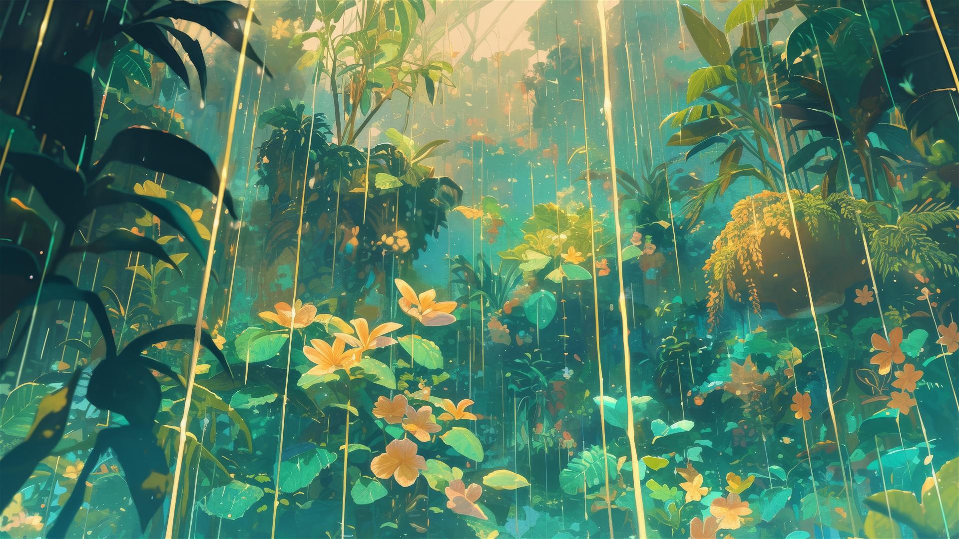 Holographic rain with flowers and plants in a botanical garden