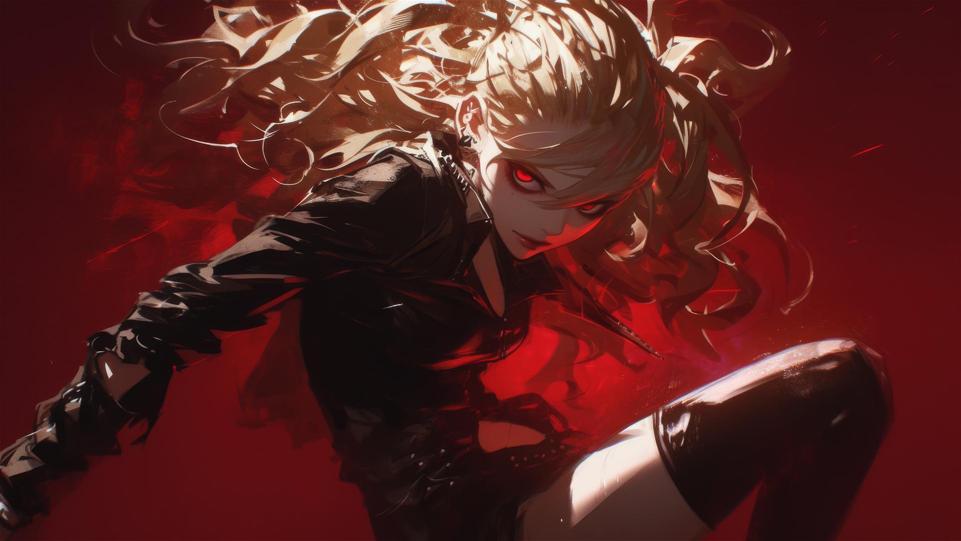 Misa Amane from Death Note with red eyes, dynamic pose, spotlight effect