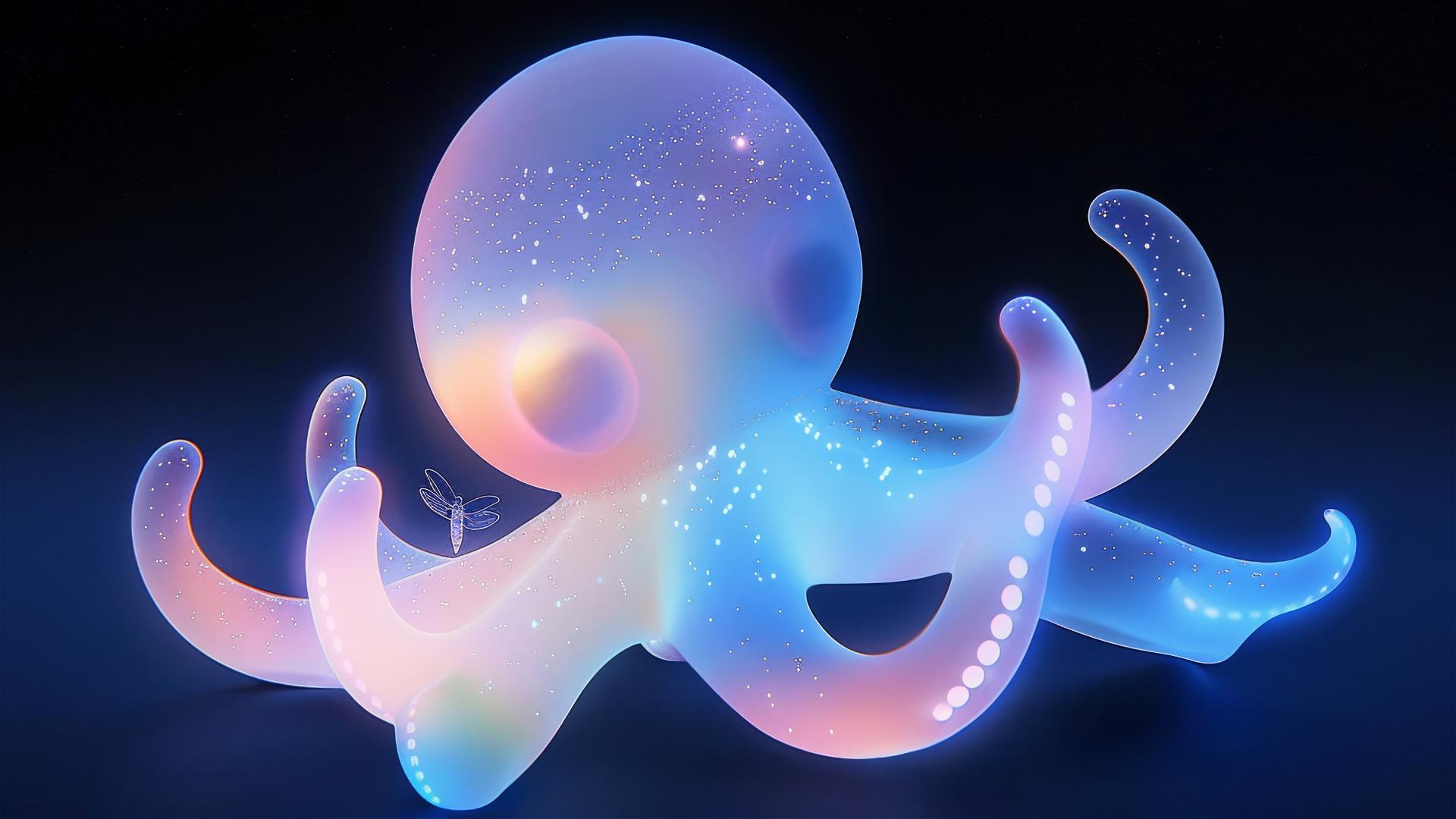 Huge octopus stands in open space emitting faint light, looking down at a small firefly in its tentacle