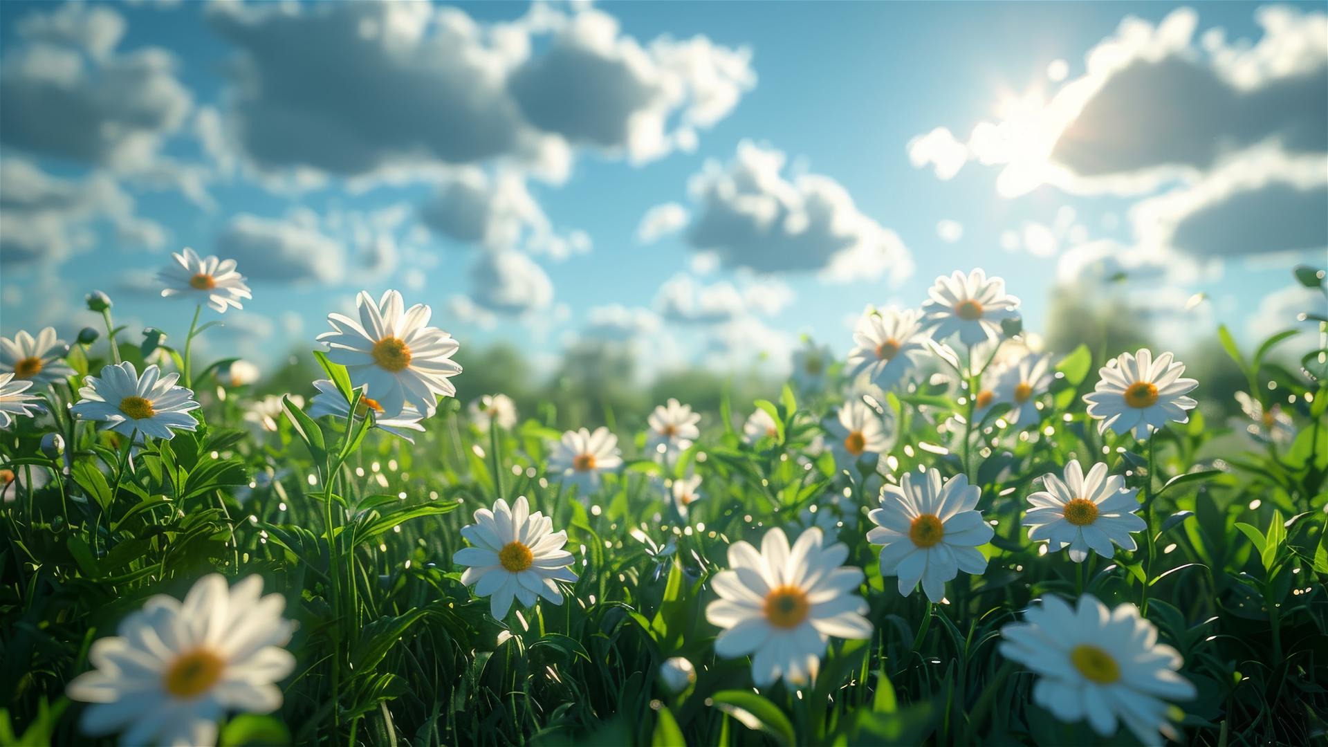 Sunny spring outing in a flower-adorned field with white clouds, green grass, and a soft gradient color scheme