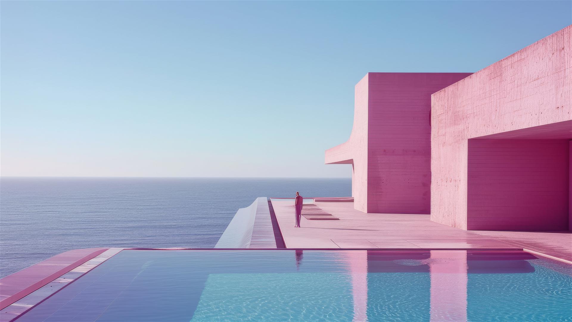 Transparent light figures, purple muralla by Ricardo Bofill, minimalist sky, and swimming pool captured in hyper-realistic, super-detailed cinematic style