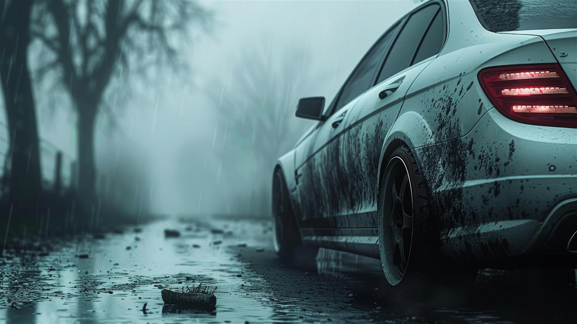 Gloomy gothic Mercedes-Benz C-Class in dim lighting with a closeup view in foggy setting and photorealistic quality