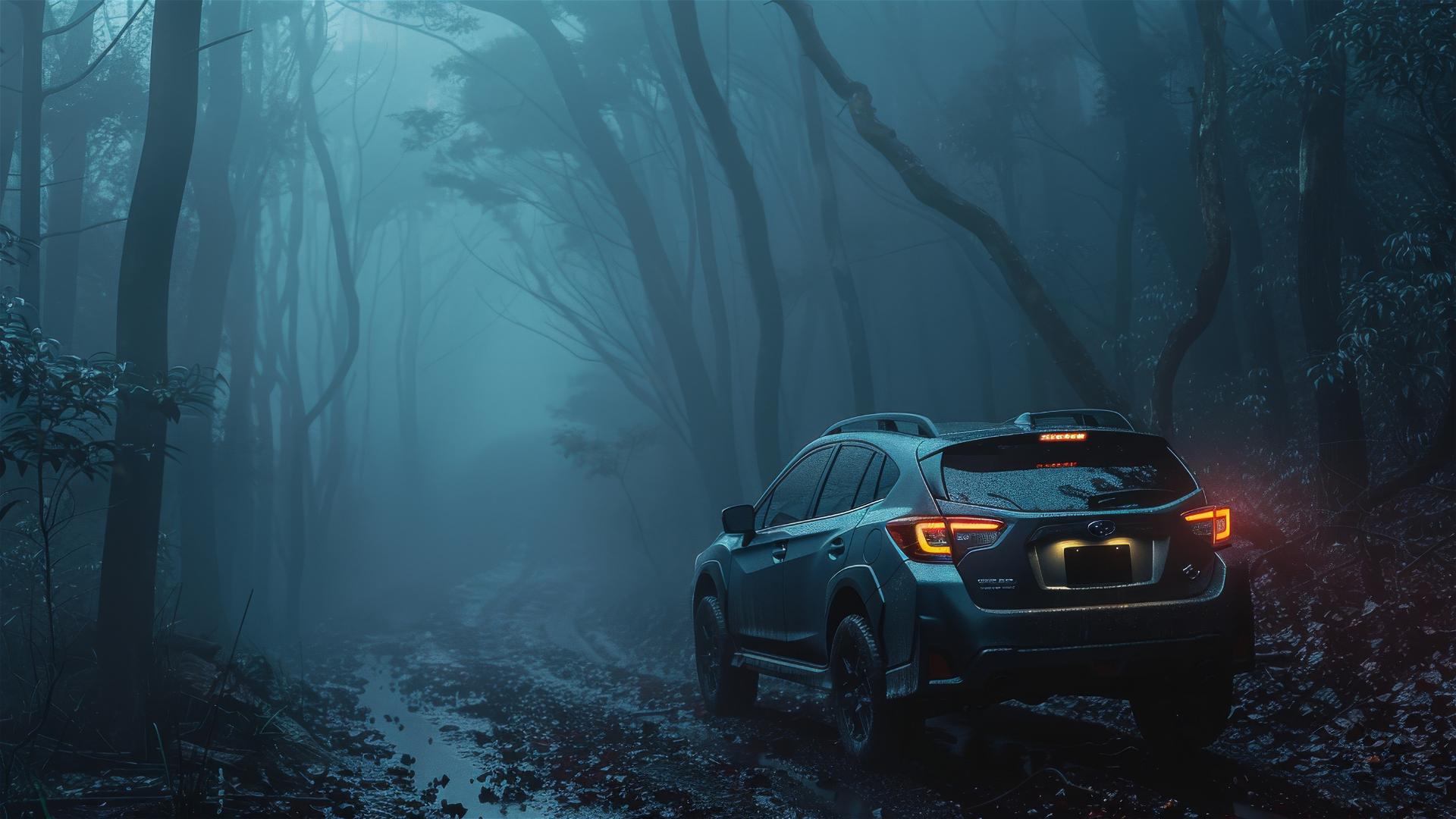 A photorealistic closeup view of Subaru Crosstrek in a gothic, gloomy setting with dim lighting and fog