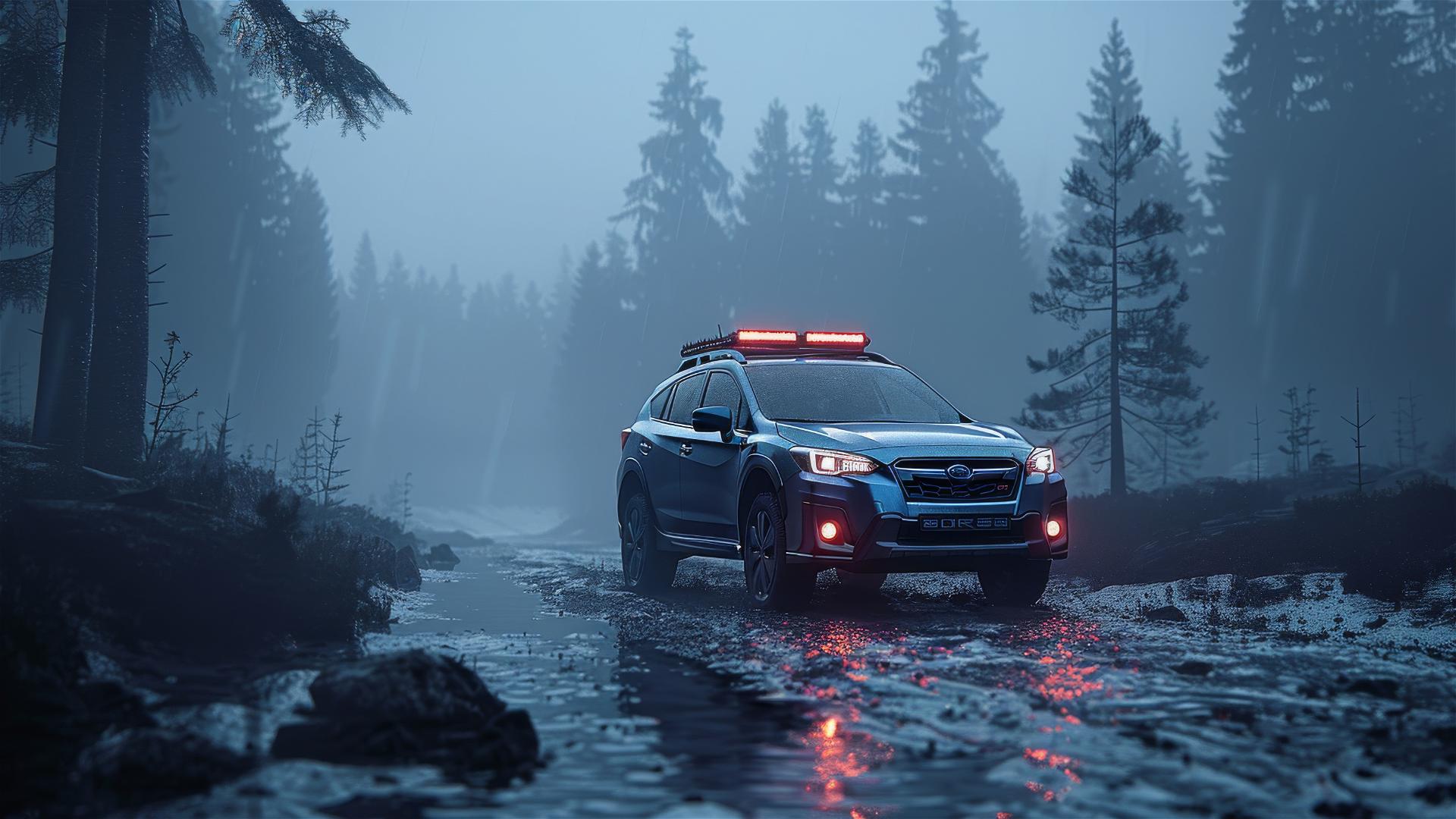 Photorealistic closeup of Subaru Crosstrek in dim, foggy, gothic setting