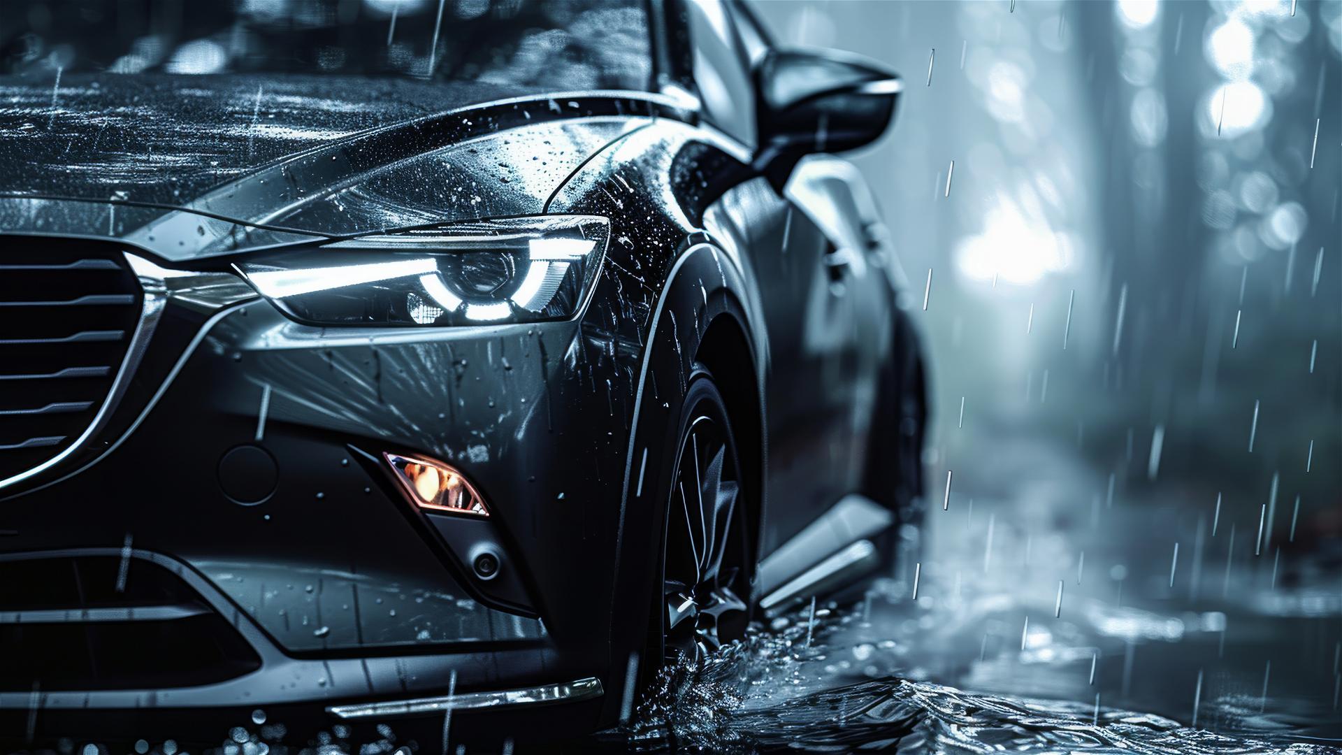 Mazda CX-3 in dim lighting, gothic gloomy scene with fog