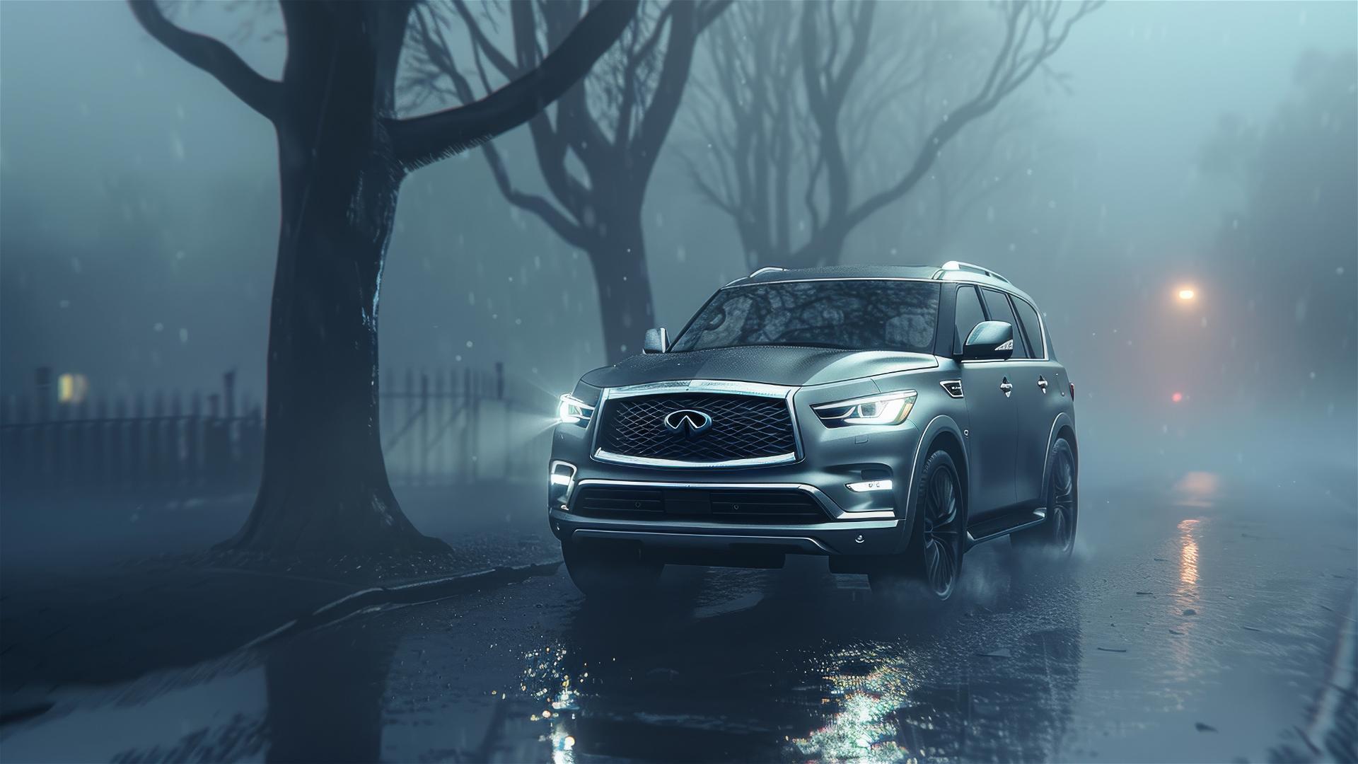 Infiniti qx80 in dim lighting with a gothic gloomy atmosphere, 8k smooth, close-up view in foggy condition, photorealistic