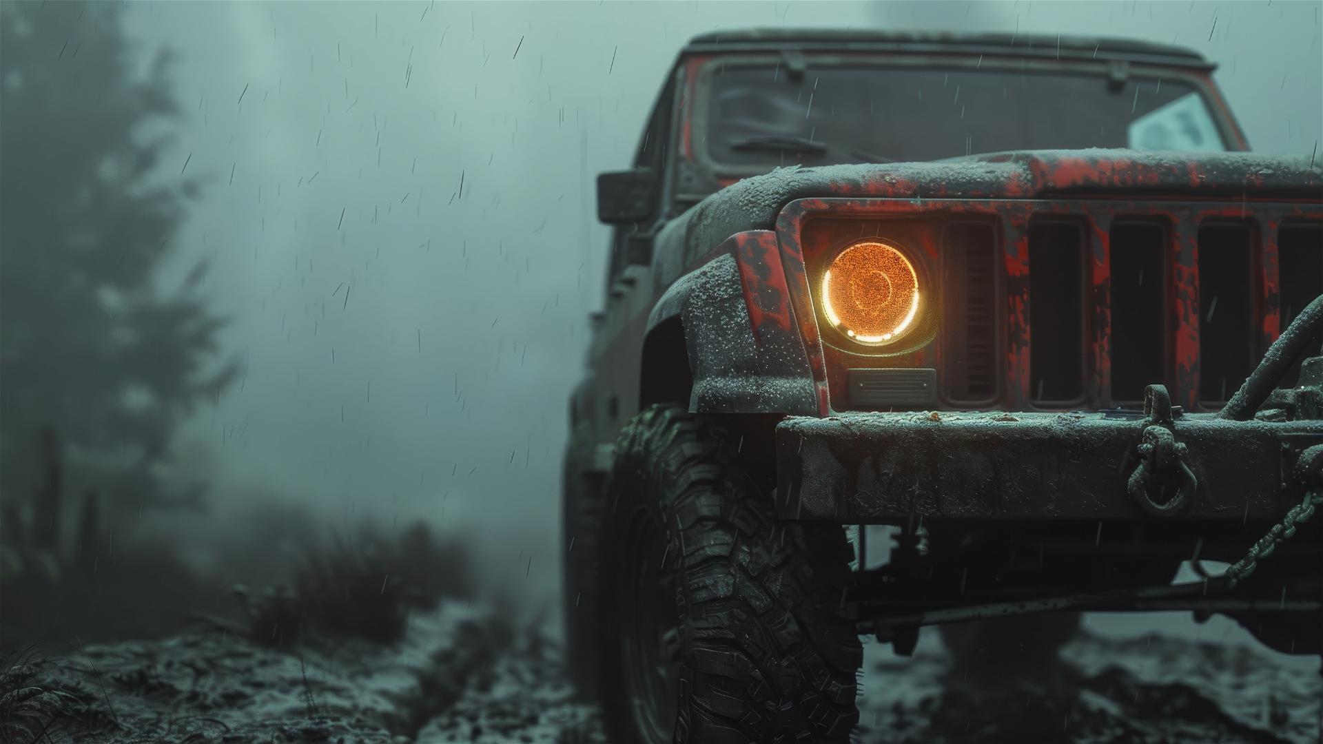 Dimly lit Jeep Cherokee in a foggy, gothic setting
