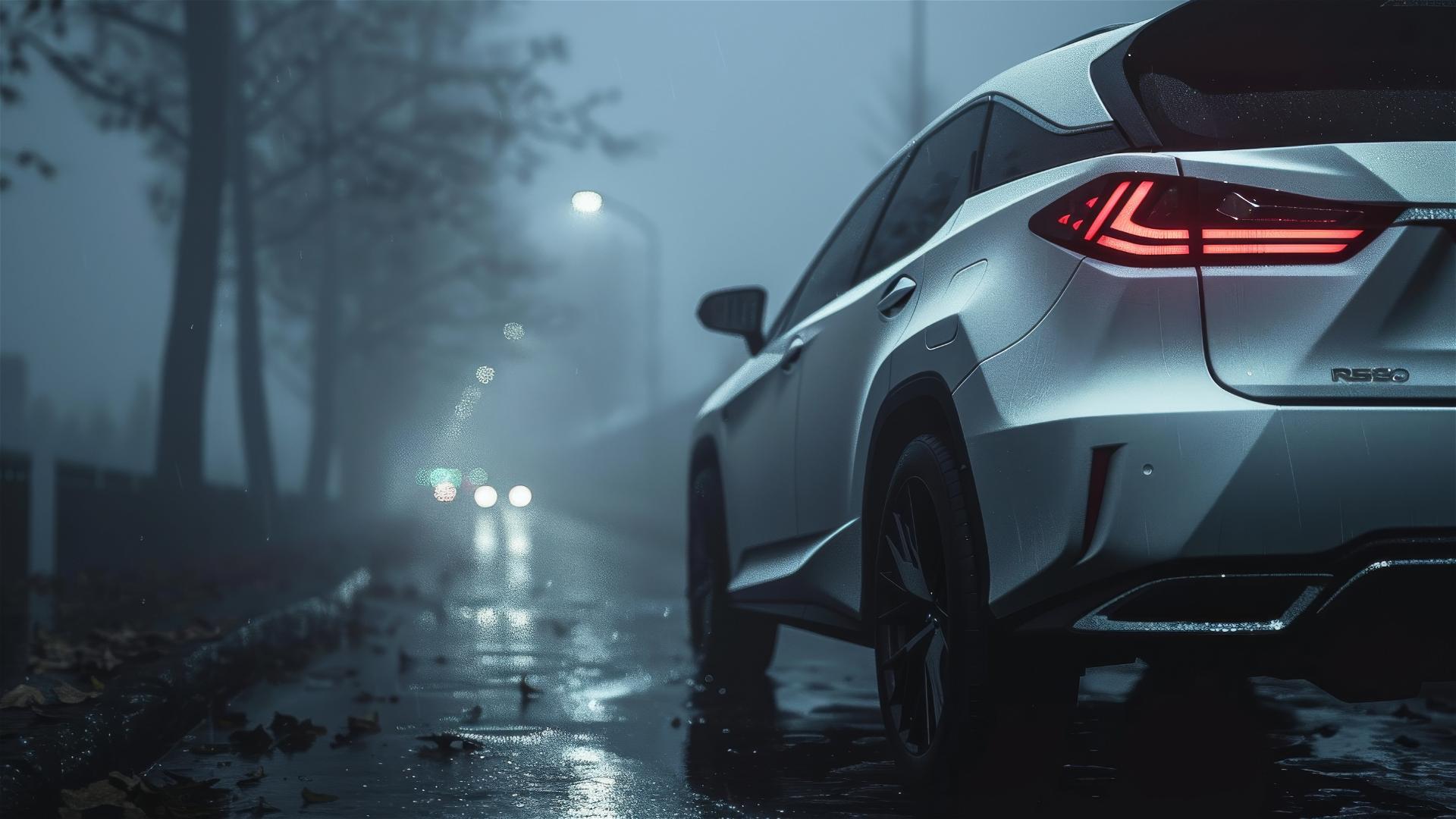 Lexus RX in dim lighting with a gothic, gloomy atmosphere at 8k resolution, closeup view in foggy conditions, photorealistic portrayal