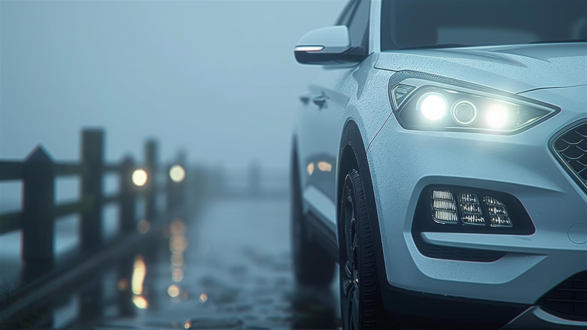 Hyundai Santa Fe under dim lights, in a Gothic gloomy style, with closeup and foggy view in photorealistic 8K resolution
