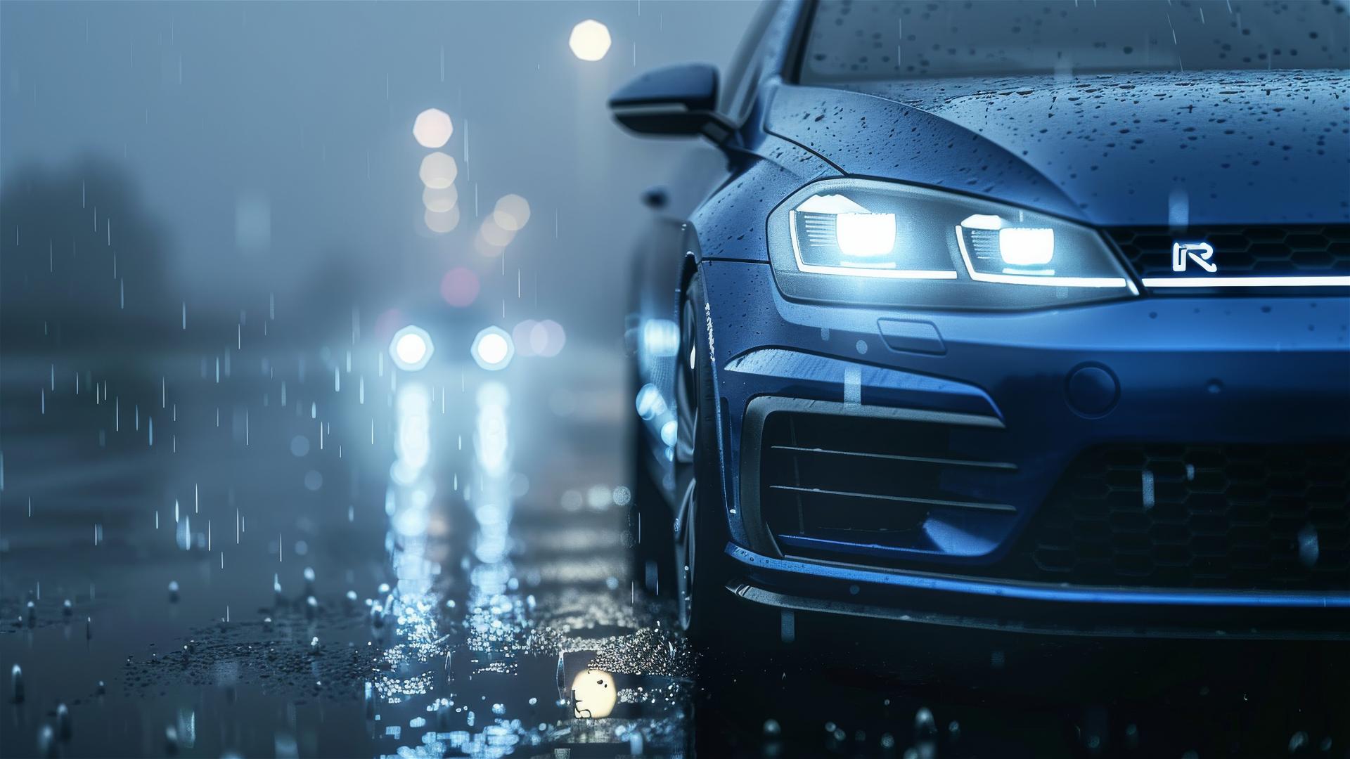 Closeup of Volkswagen Golf R in dim, foggy lighting with gothic ambiance