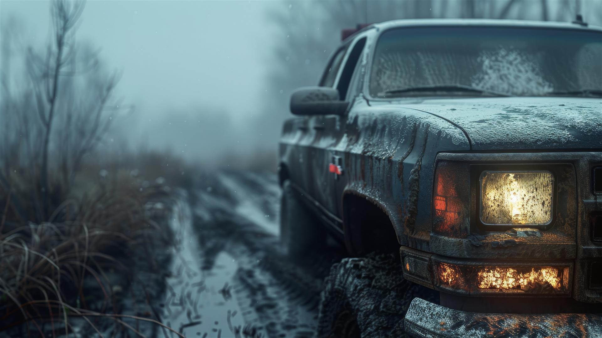 Gothic gloomy GMC Canyon in dim lighting and fog