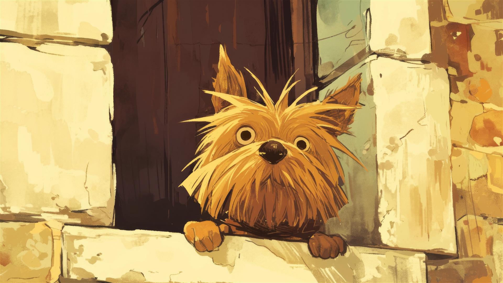 Fat Yorkshire Terrier doodle on balcony, Quentin Blake style