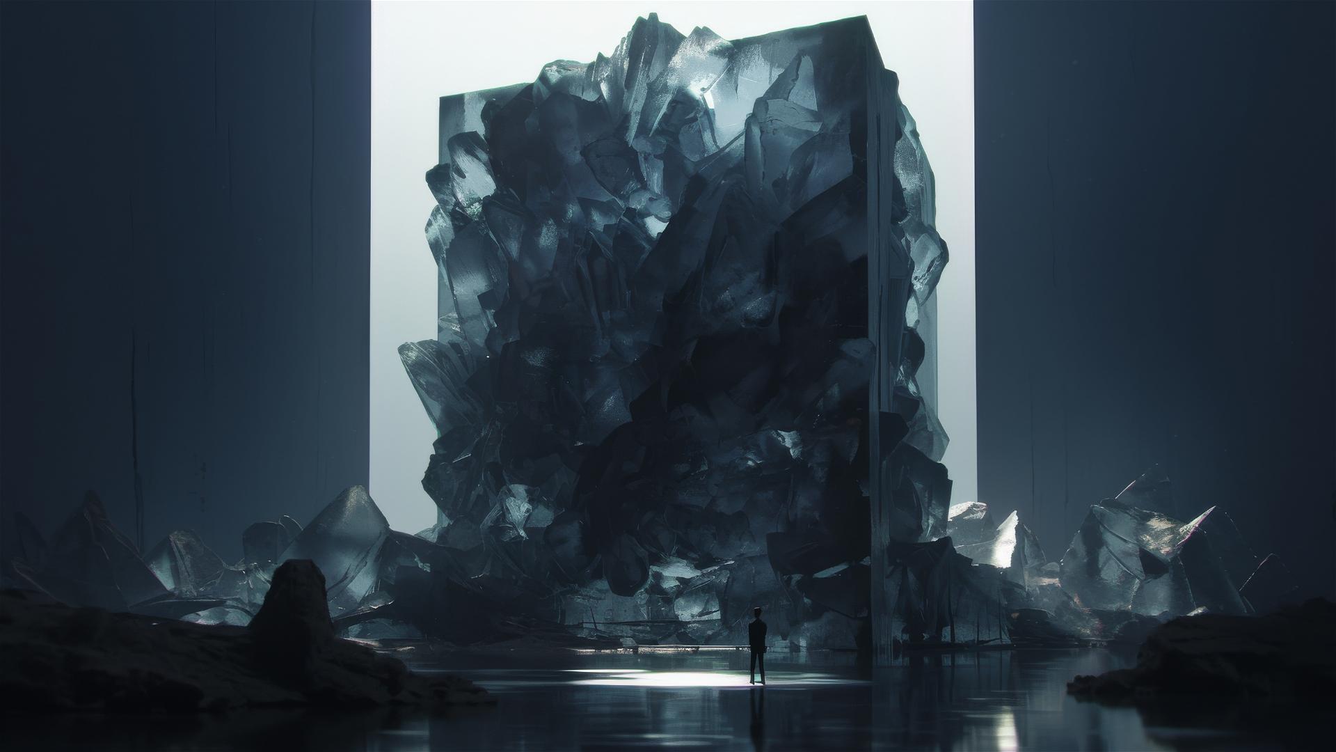 Mysterious black ice sculpture in a dark room
