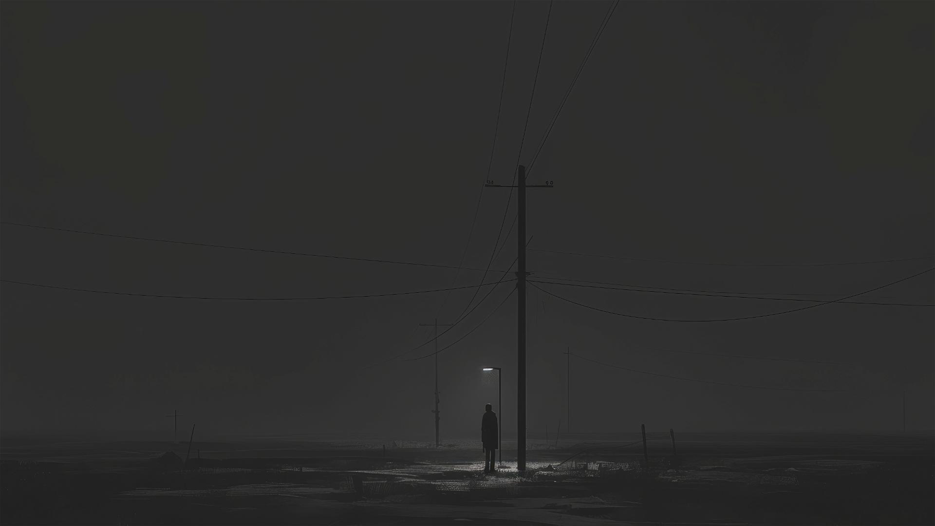 Dim streetlamp flickering on an empty dark street