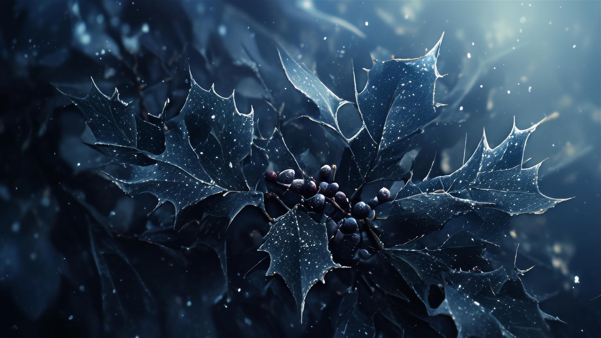 Frost covered dark holly leaves under moonlight