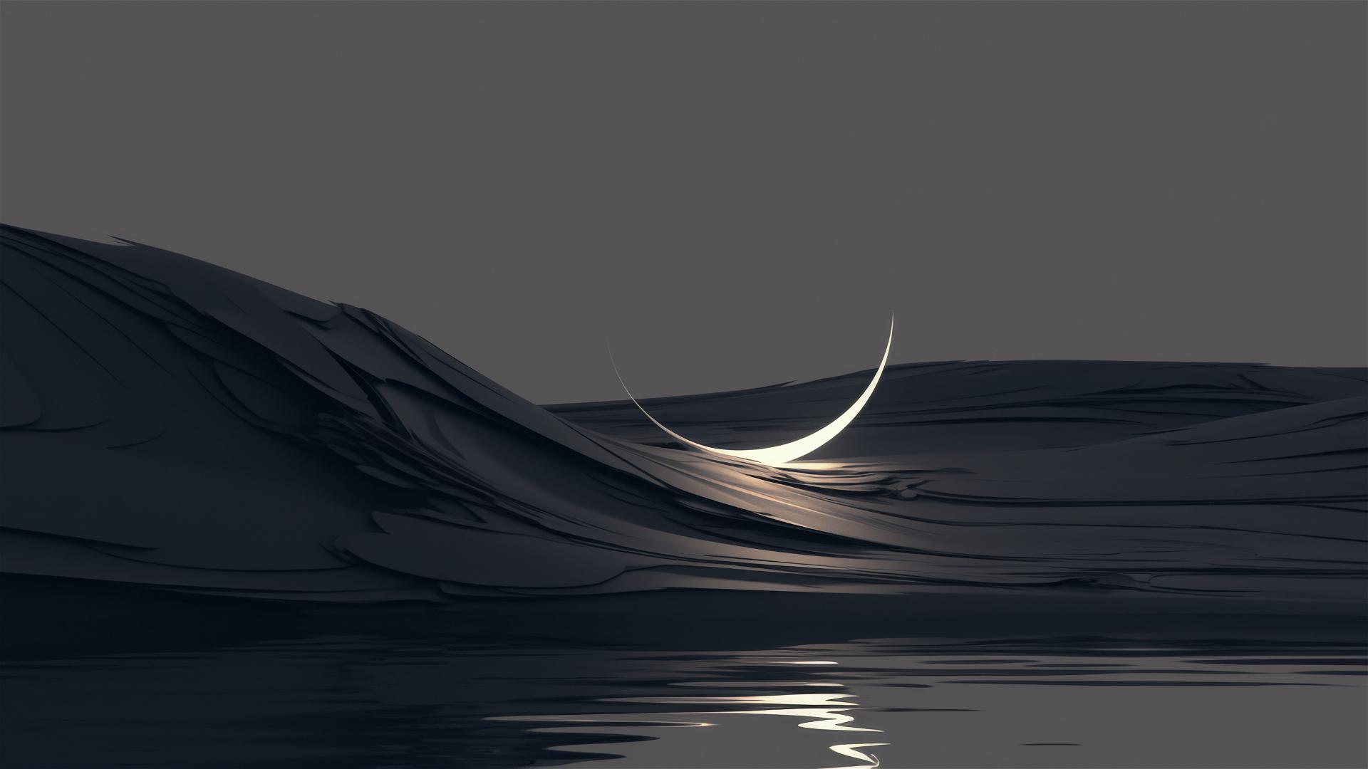 Minimalist view of a black lake under a crescent moon