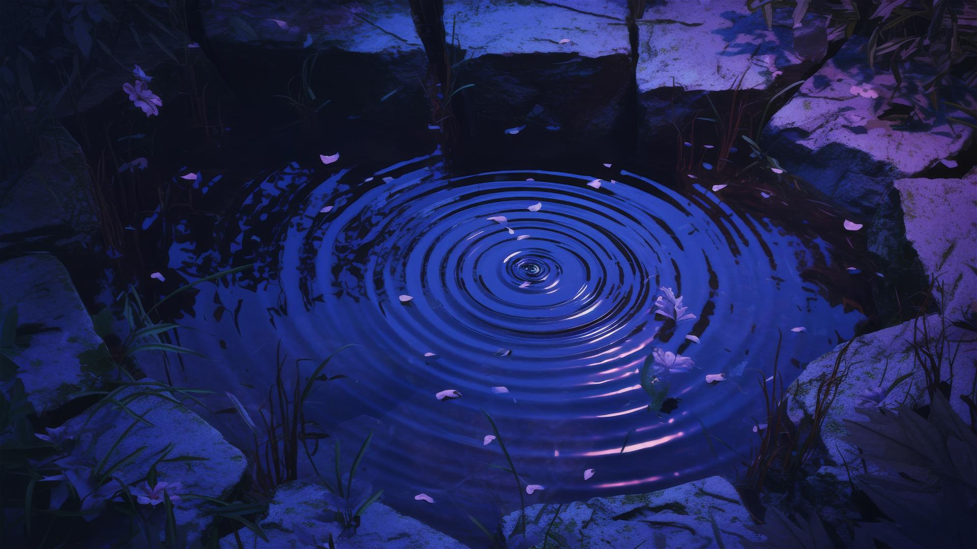 Single droplet causing ripples in dark pond