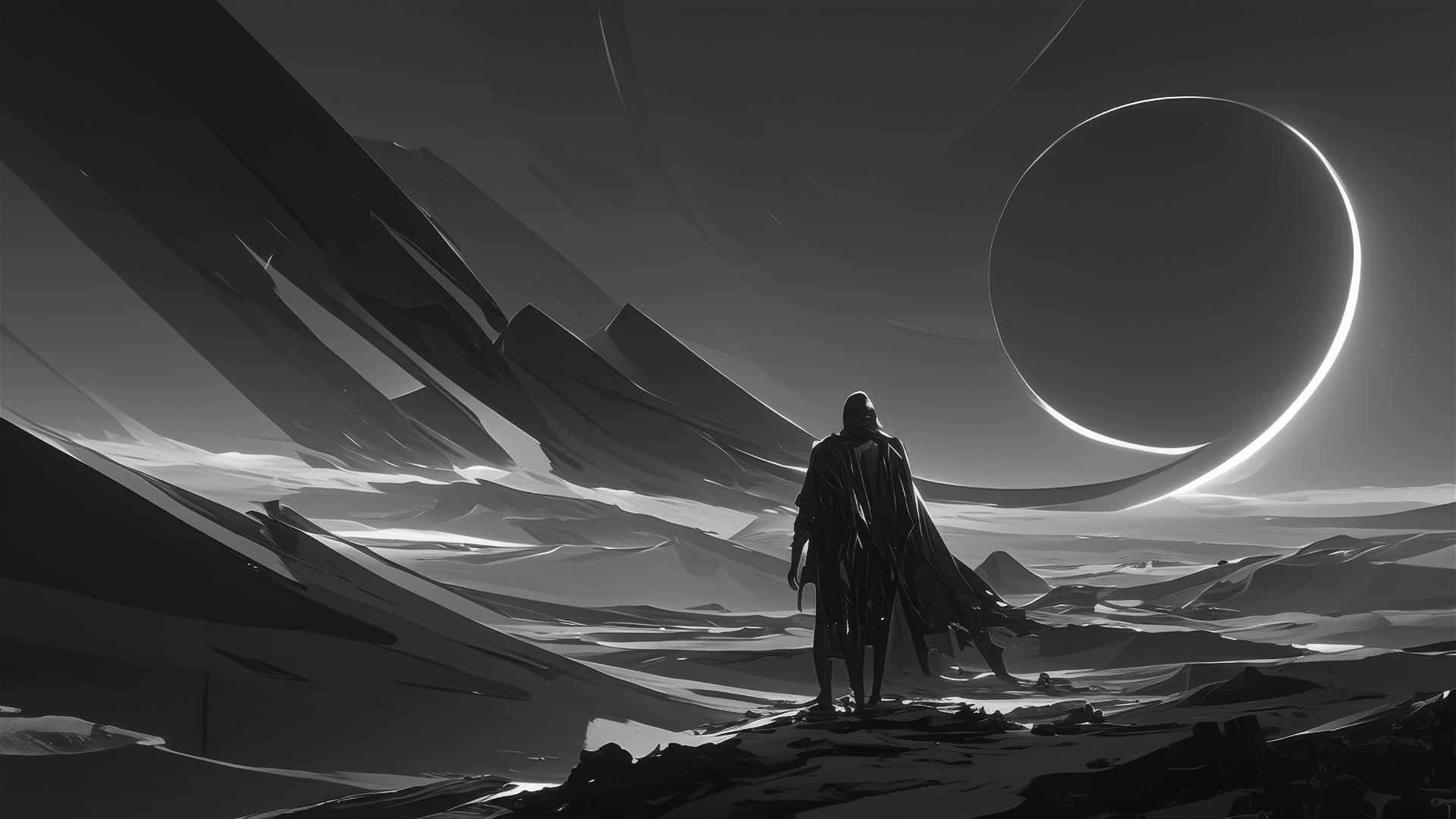 Dark eclipse casting shadows over a desolate desert under a gray-to-black sky gradient