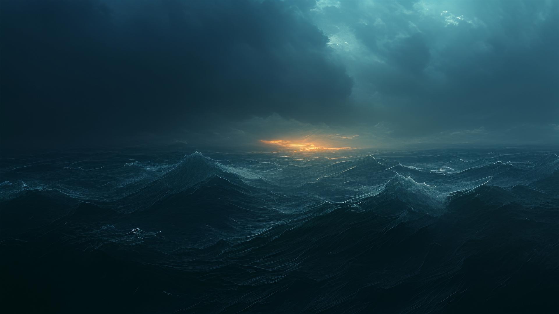 Dark stormy sea with towering waves and brooding sky