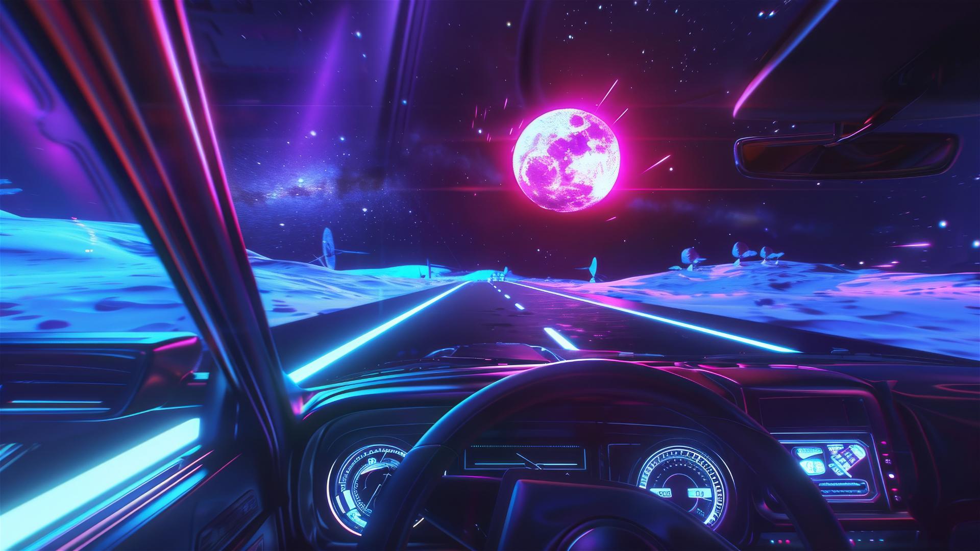 Synthwave car driving on moon-bound space highway