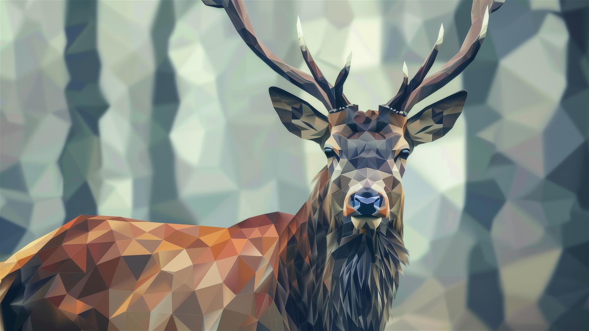 Cubist stag head with full antlers in a moonlit glade