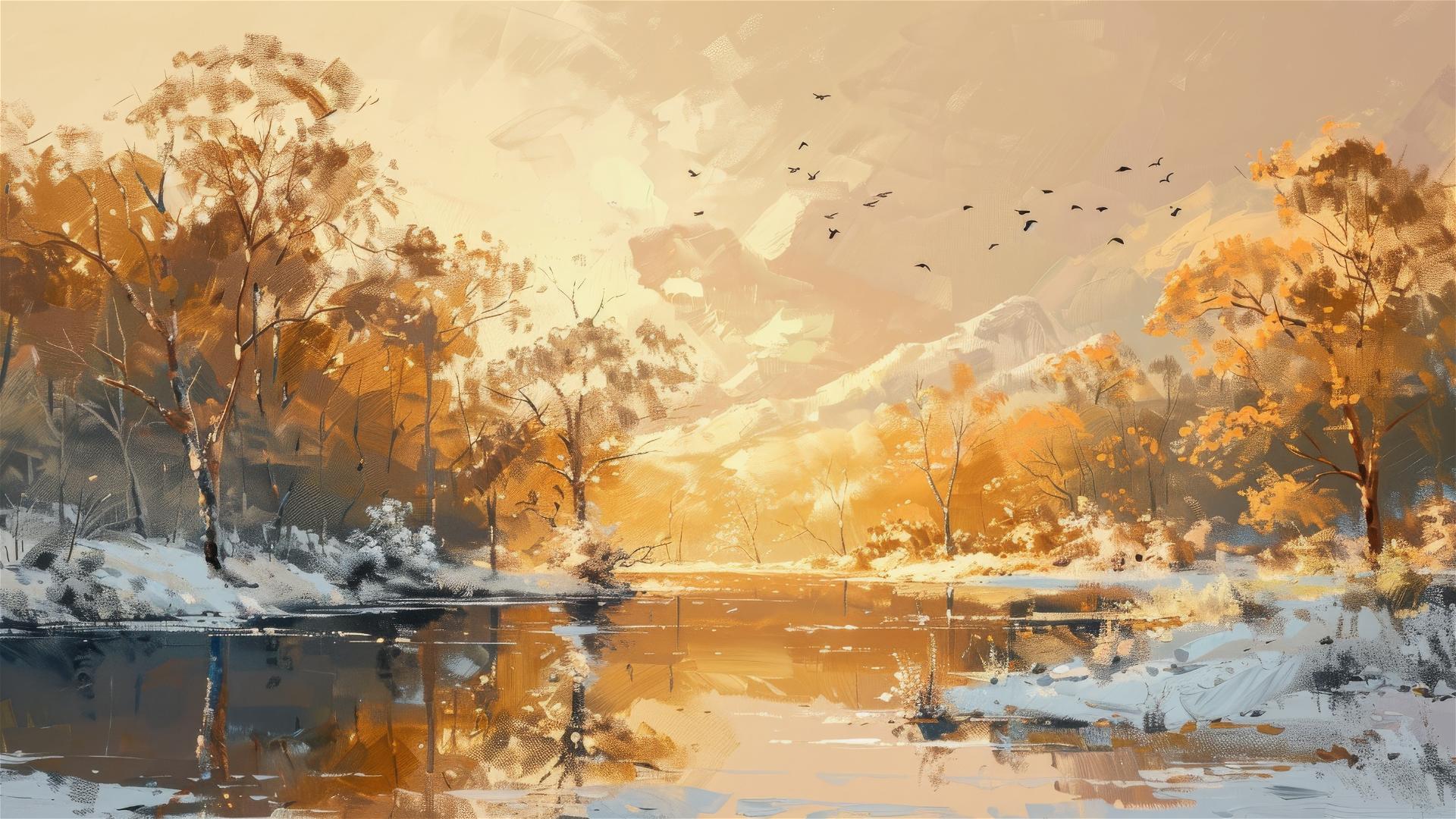 Realistic lake landscape with light orange and beige tones, featuring snowy nature and birds
