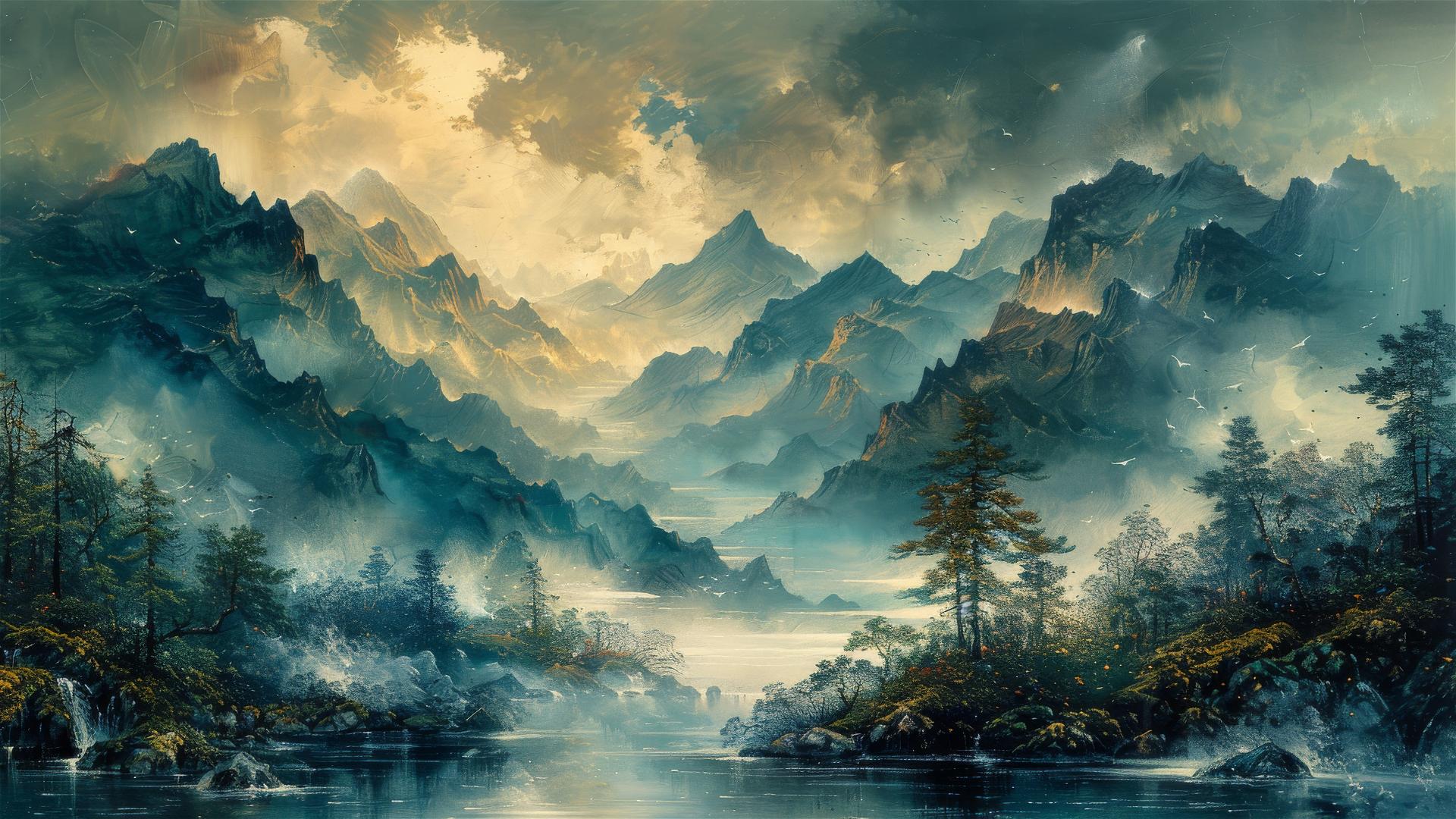 Vintage nature painting with visible brushstrokes