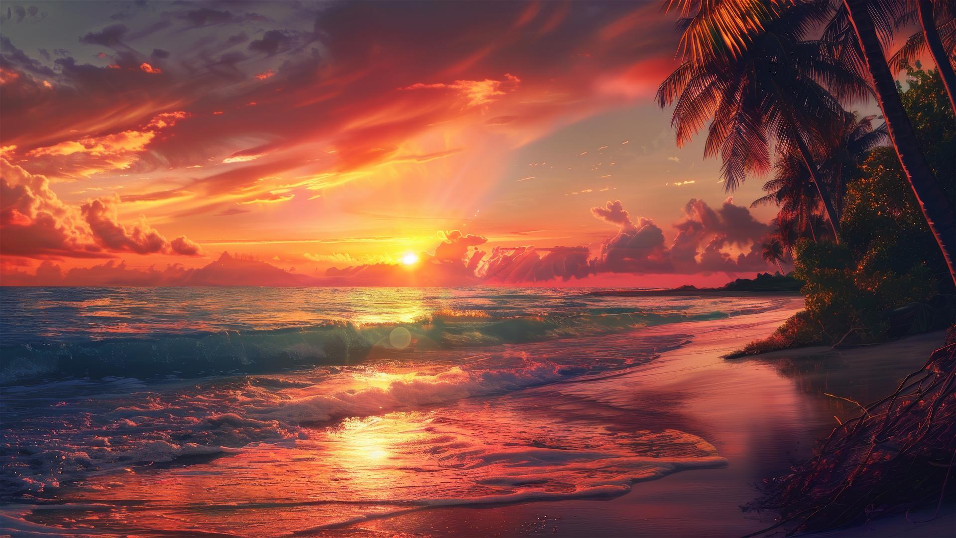 Stunning sunset illuminating a beach on a pristine island
