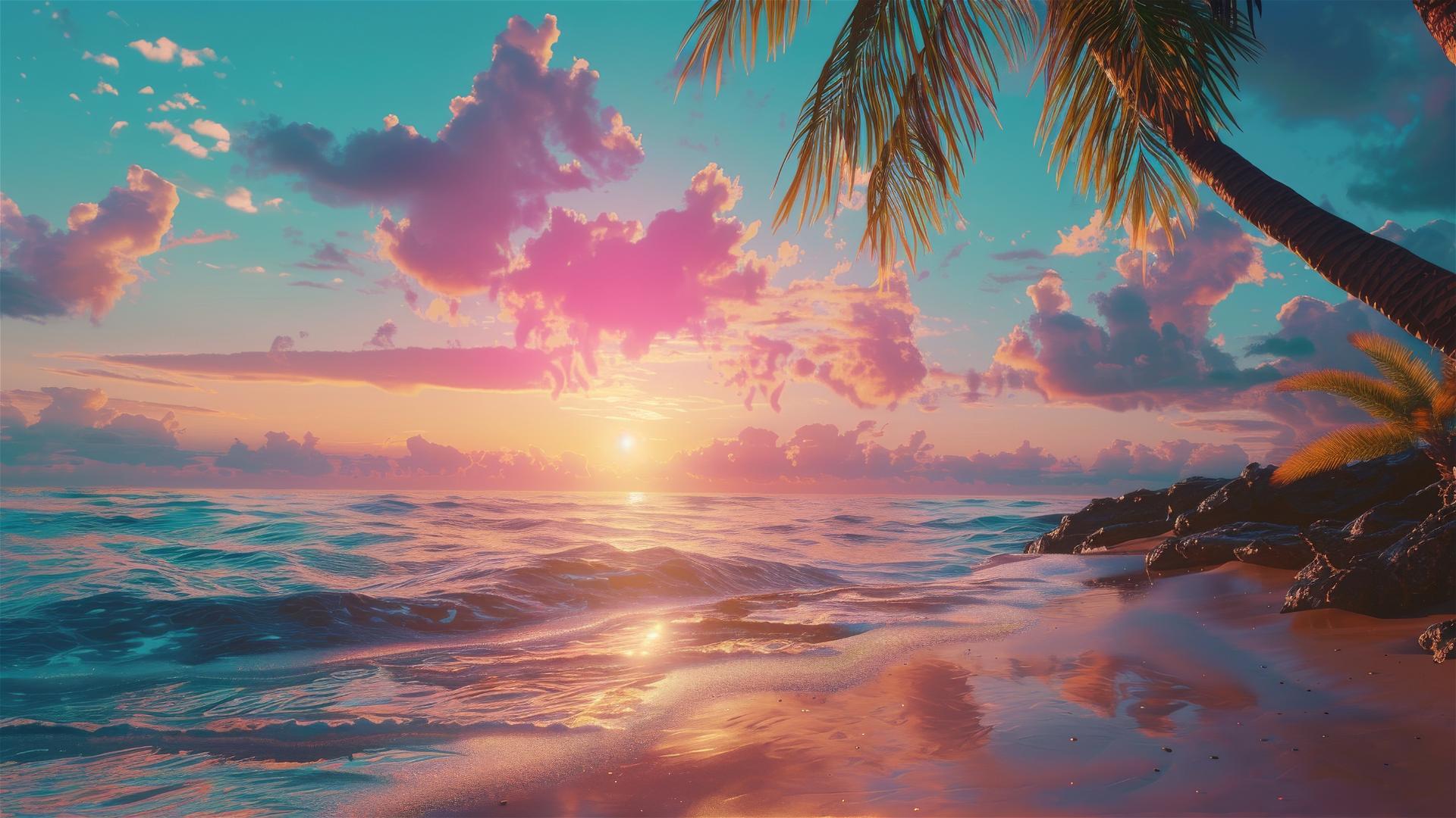 Colorful sunset, palm trees, golden sand, turquoise water, tranquil beach scene